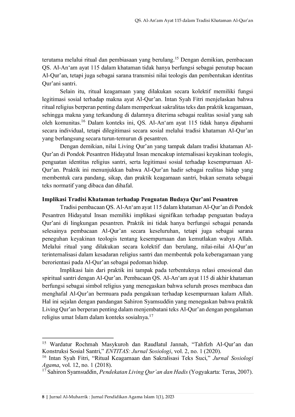 JURIS Al An am Ayat 115 dalam Tradisi Khataman Al Qur an Studi Living Qur an di Pesantren Hidayatul Insan