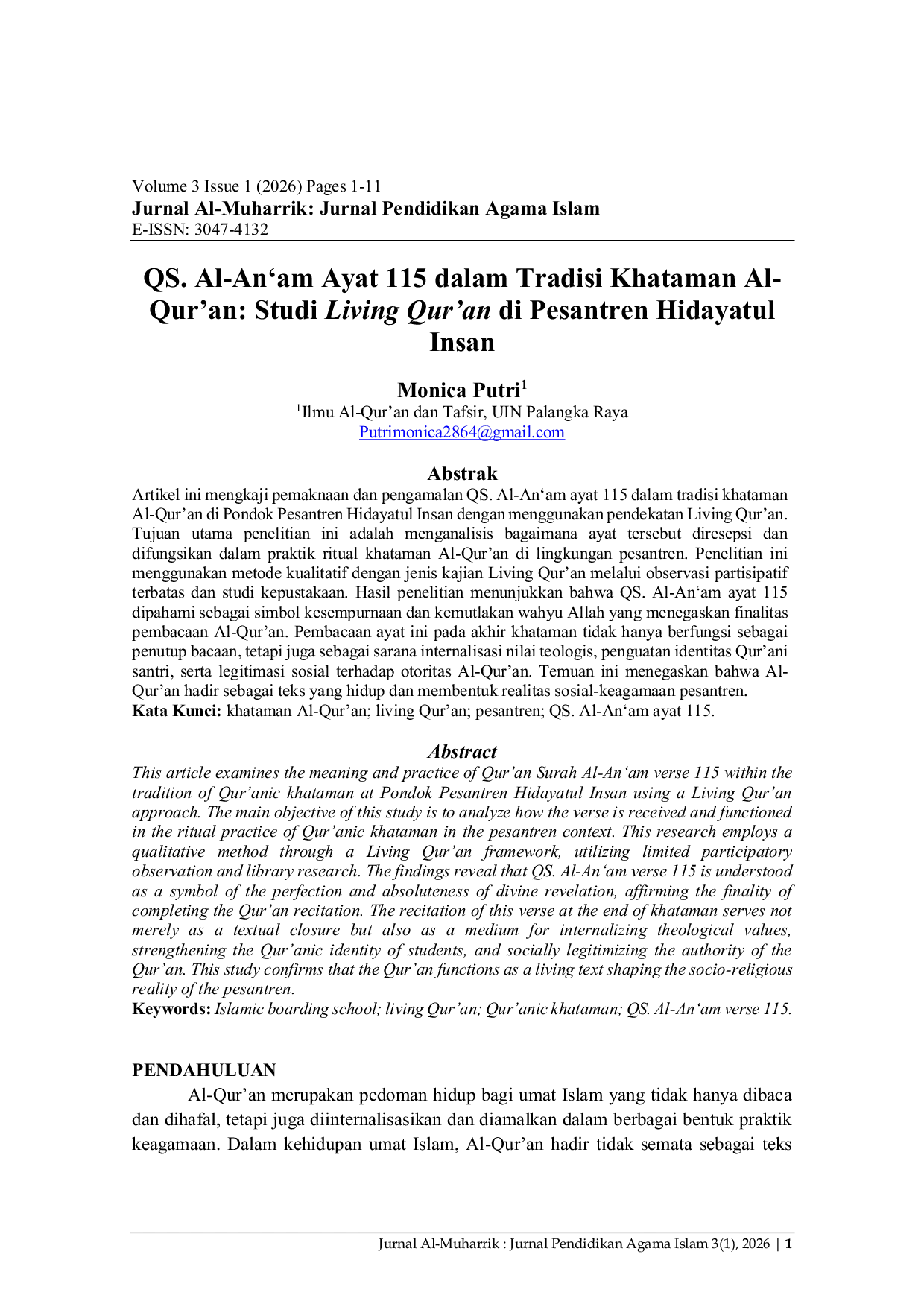 JURIS Al An am Ayat 115 dalam Tradisi Khataman Al Qur an Studi Living Qur an di Pesantren Hidayatul Insan