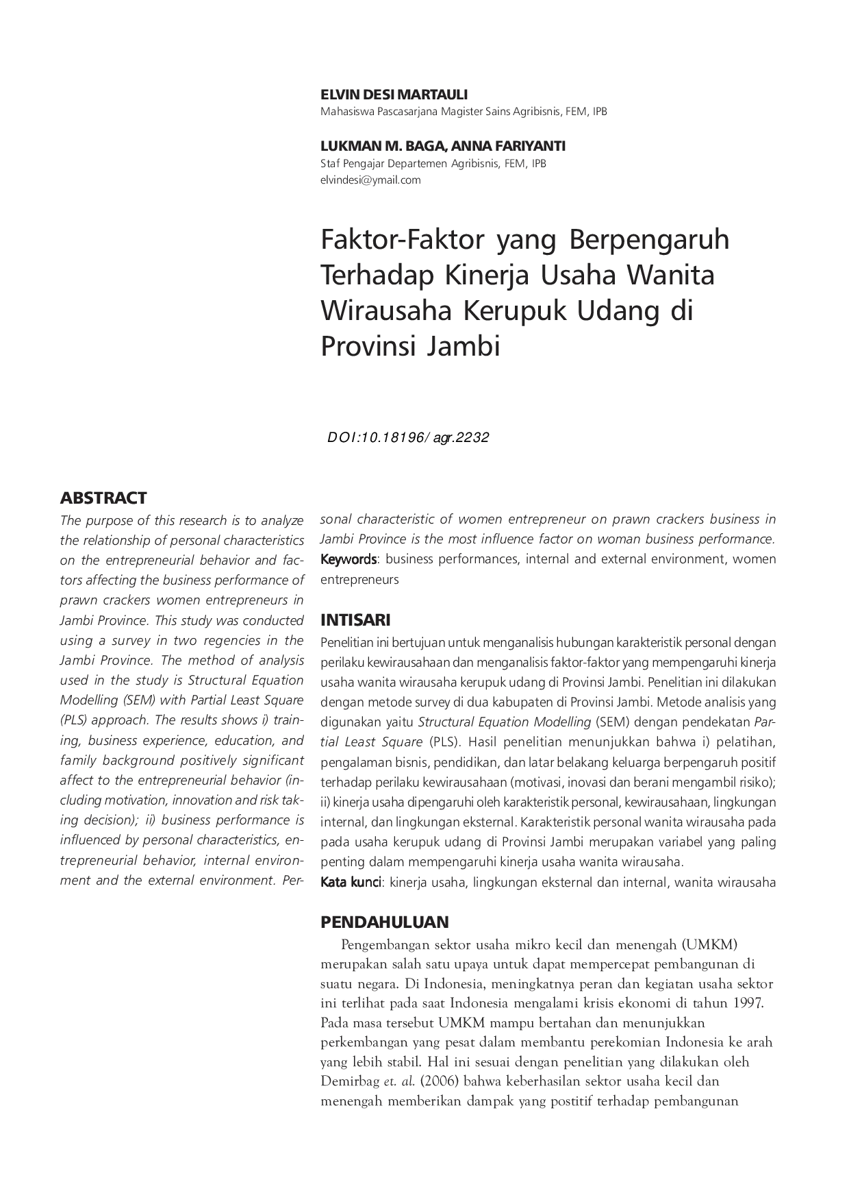 JURIS Faktor Faktor yang Berpengaruh Terhadap Kinerja Usaha Wanita Wirausaha Kerupuk Udang di Provinsi Jambi