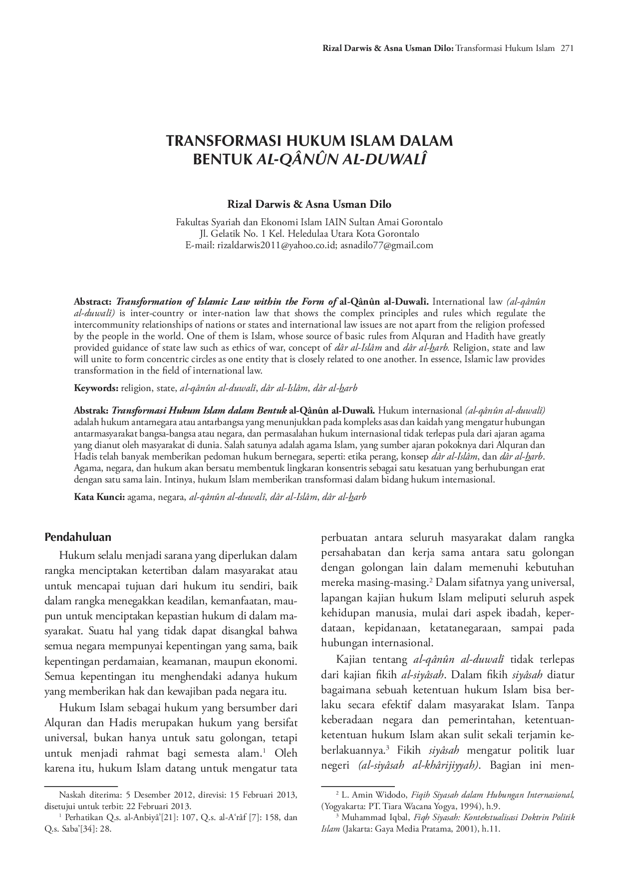 juris Transformasi Hukum Islam dalam Bentuk al Q n n al Duwal