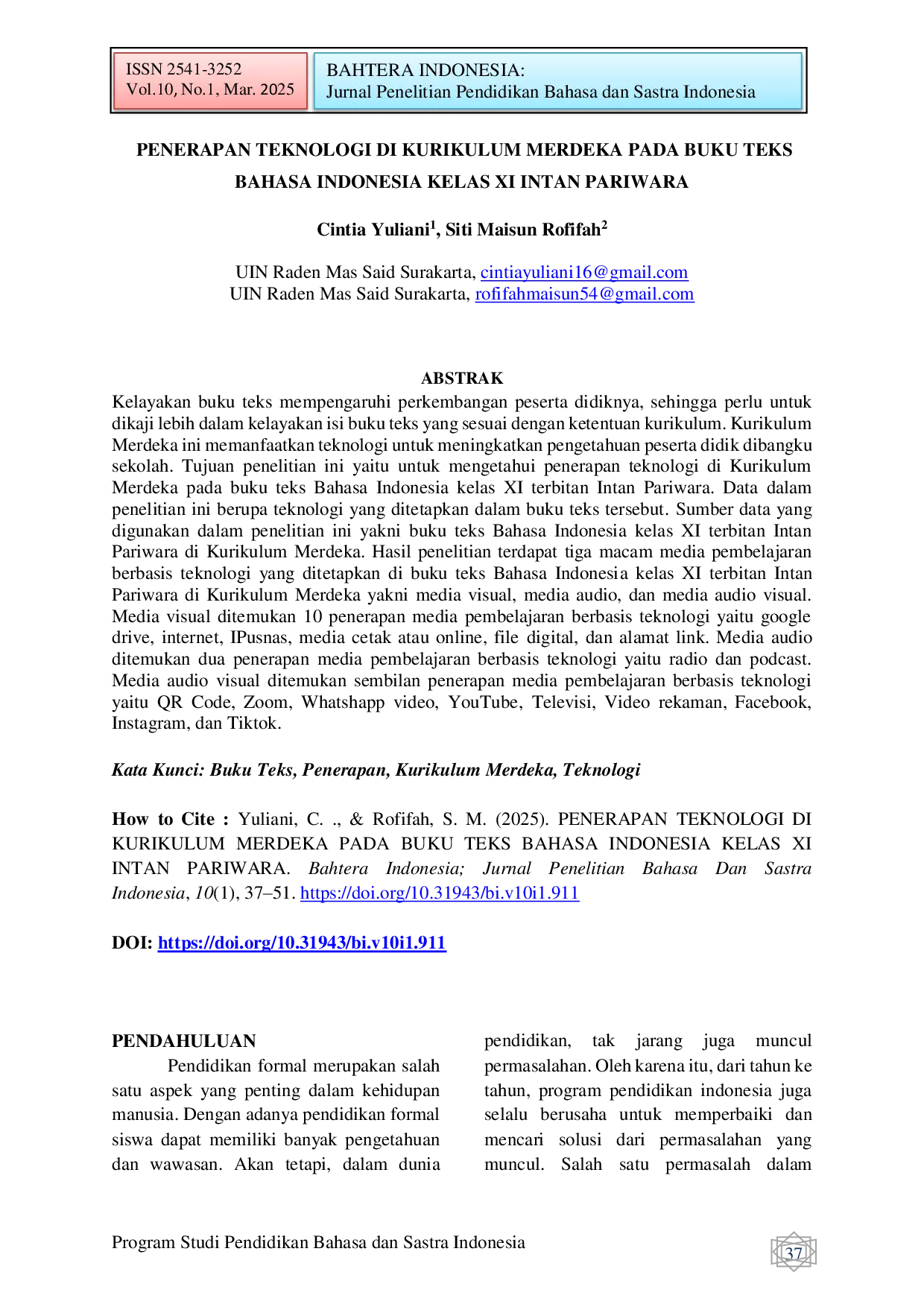 JURIS Penerapan Teknologi di Kurikulum Merdeka pada Buku Teks Bahasa Indonesia Kelas XI Intan Pariwara