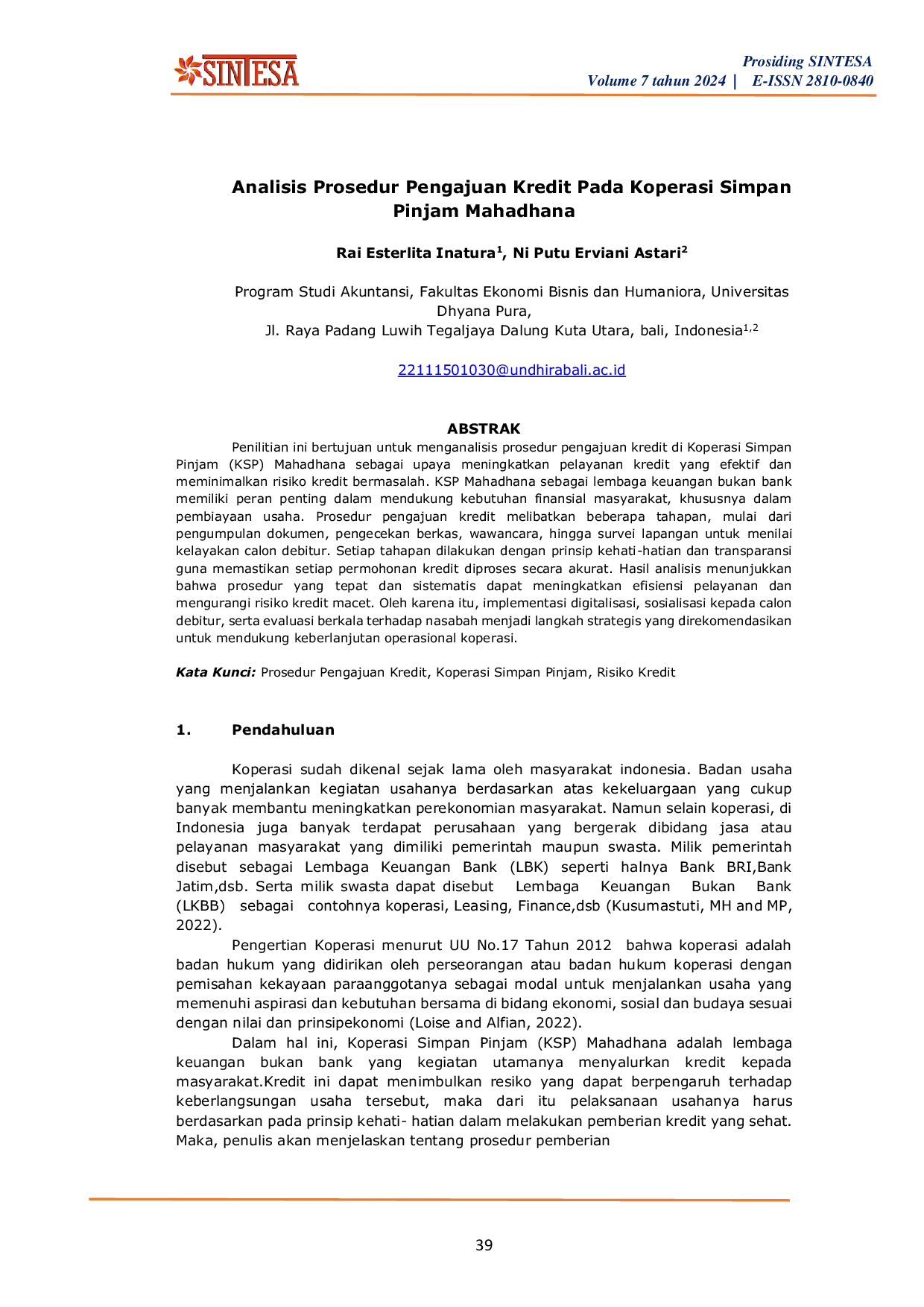 JURIS Analisis Prosedur Pengajuan Kredit Pada Koperasi Simpan Pinjam Mahadhana