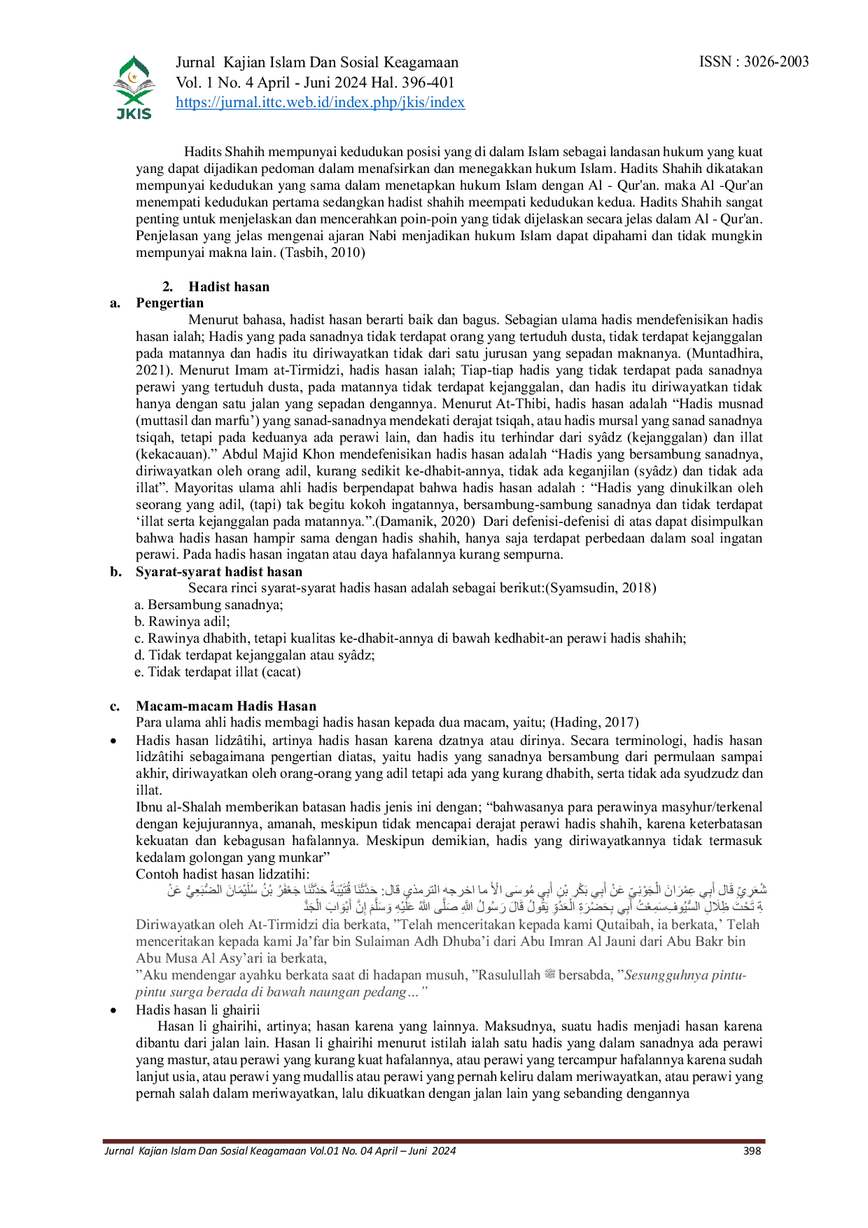 JURIS Hadist Ditinjau Dari Kualitas Sanad Dan Matan Hadist Shohih Hasan Dhoif