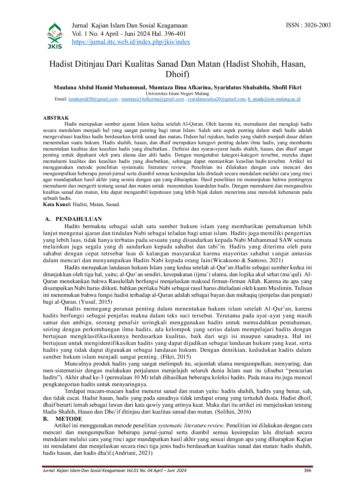 JURIS Hadist Ditinjau Dari Kualitas Sanad Dan Matan Hadist Shohih Hasan Dhoif