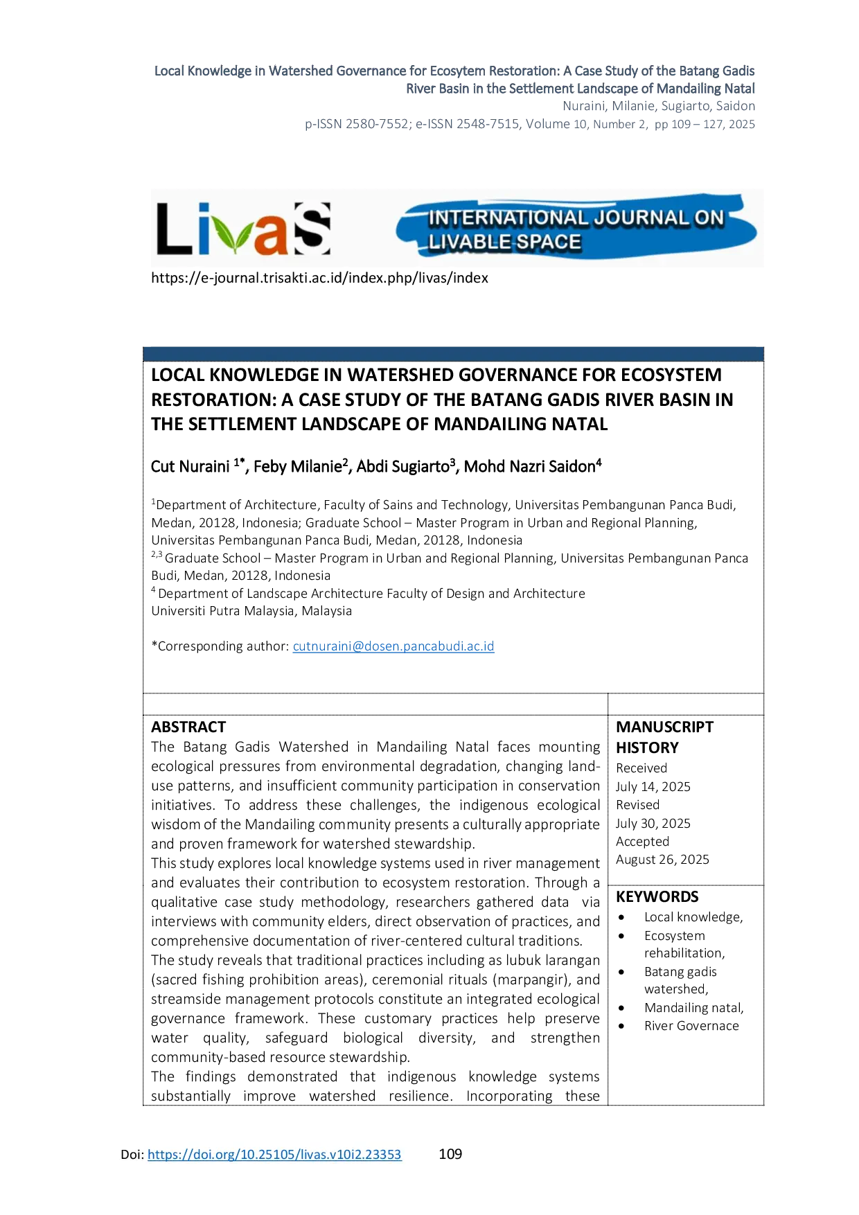 JURIS Local Knowledge in Watershed Governance for Ecosystem Restoration A Case Study of the Batang Gadis River Basin in the Settlement Landscape of Mandailing Natal