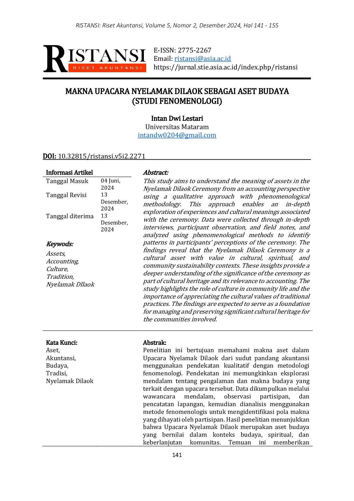 JURIS Makna Upacara Nyelamak Dilaok Sebagai Aset Budaya Studi Fenomenologi