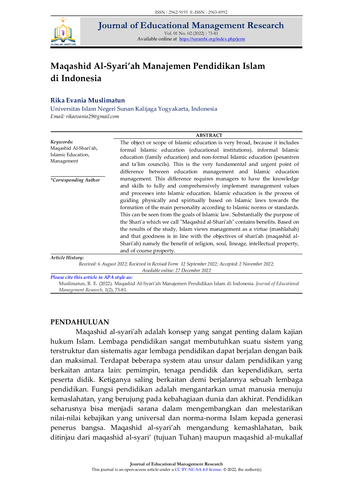 JURIS Maqashid Al Syari ah Manajemen Pendidikan Islam di Indonesia