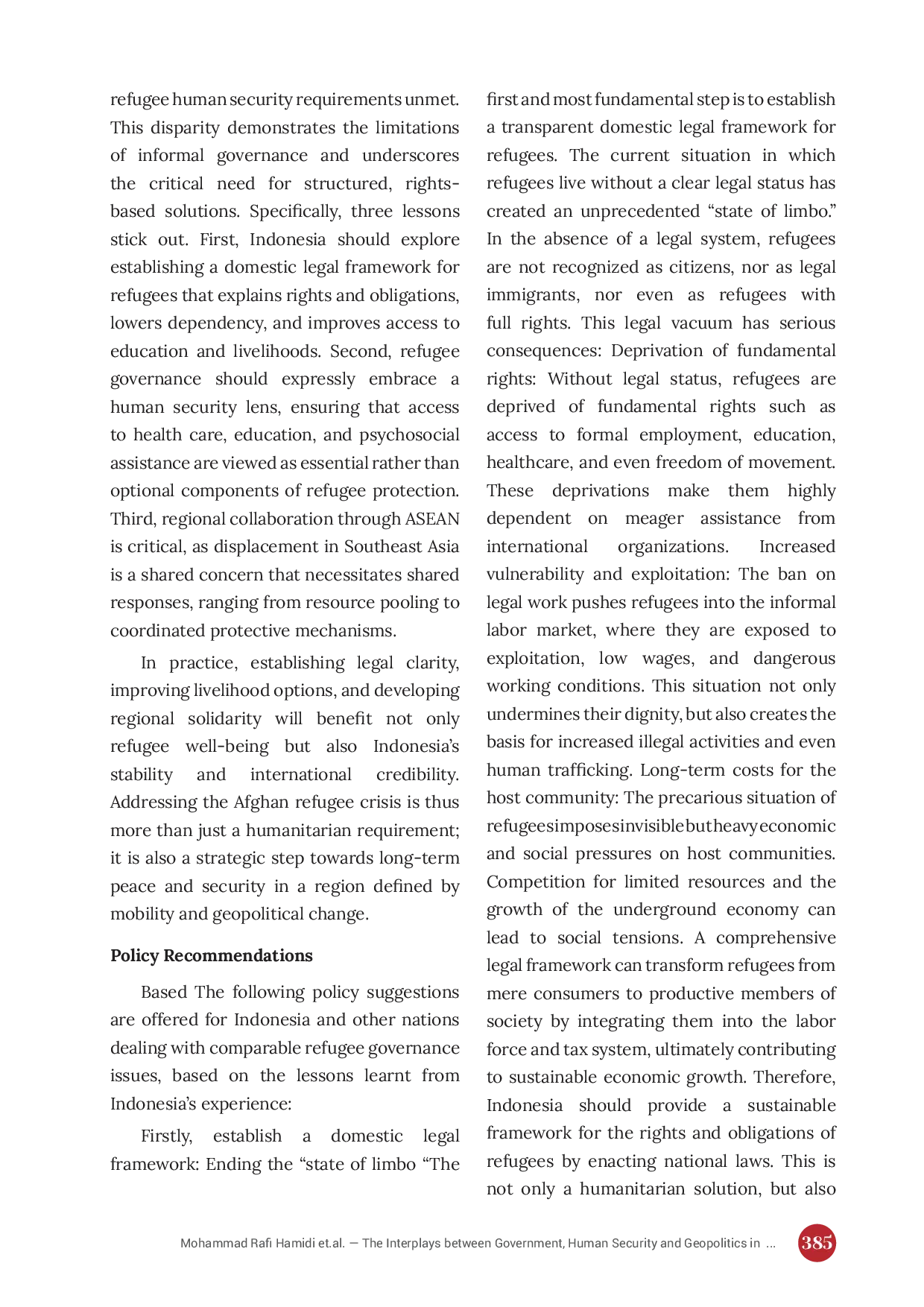 JURIS The Interplays between Government Human Security and Geopolitics in Indonesia s Governance of Afghan Refugees Human Security Perspective