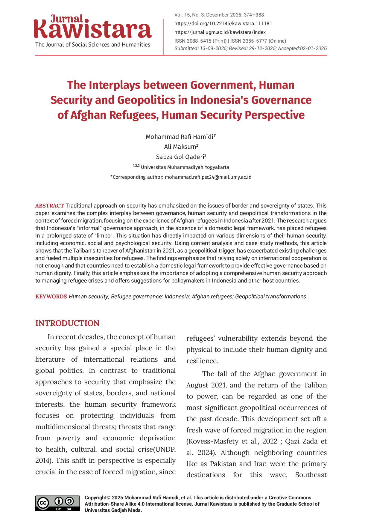 JURIS The Interplays between Government Human Security and Geopolitics in Indonesia s Governance of Afghan Refugees Human Security Perspective