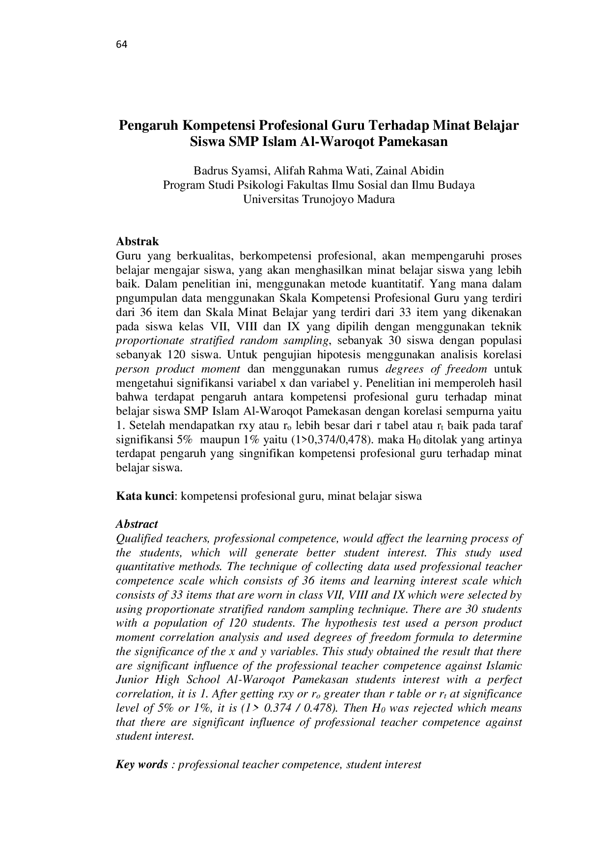 JURIS Pengaruh Kompetensi Profesional Guru Terhadap Minat Belajar Siswa SMP Islam Al Waroqot Pamekasan