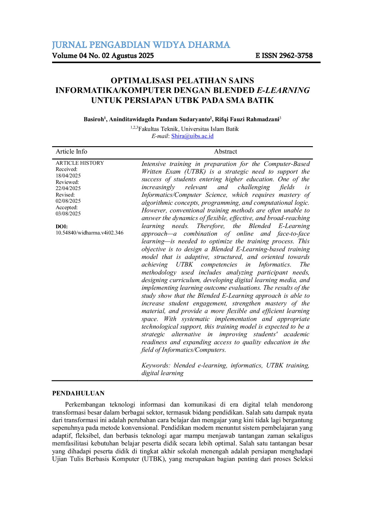JURIS Optimalisasi Pelatihan Sains Informatika Komputer Dengan Blended E Learning Untuk Persiapan Utbk Pada Sma Batik