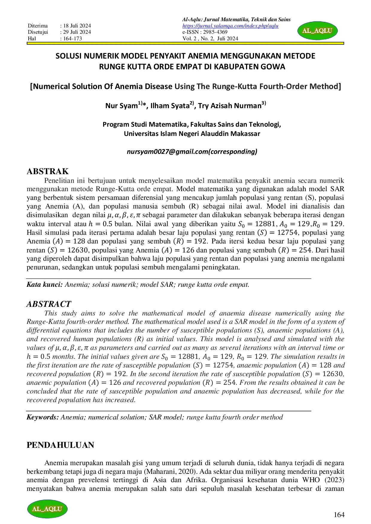 JURIS SOLUSI NUMERIK MODEL PENYAKIT ANEMIA MENGGUNAKAN METODE RUNGE KUTTA ORDE EMPAT DI KABUPATEN GOWA Numerical Solution Of Anemia Disease Using The Runge Kutta Fourth Order Method