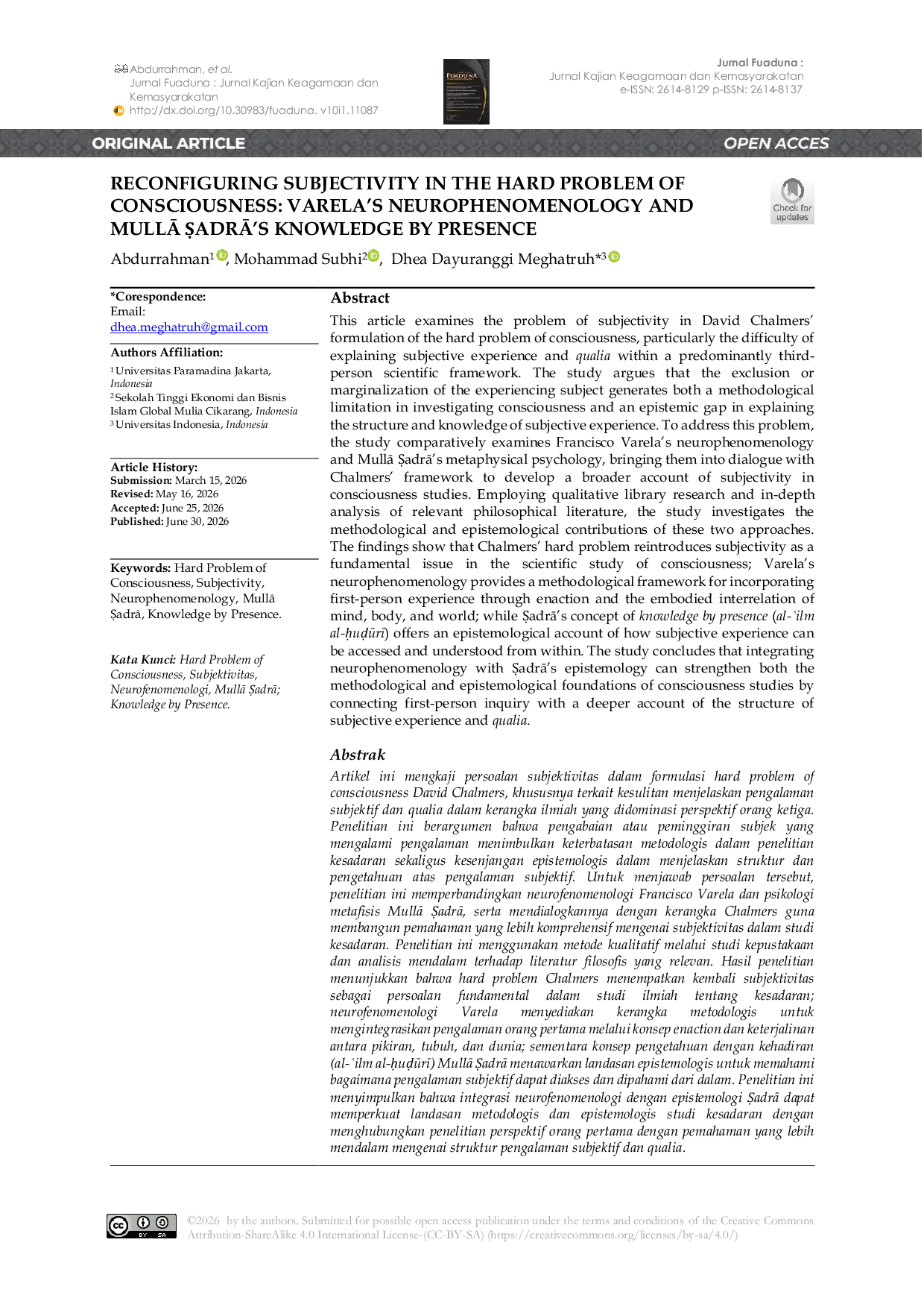 JURIS Reconfiguring Subjectivity in the Hard Problem of Consciousness Varela s Neurophenomenology and MullA adrA s Knowledge by Presence