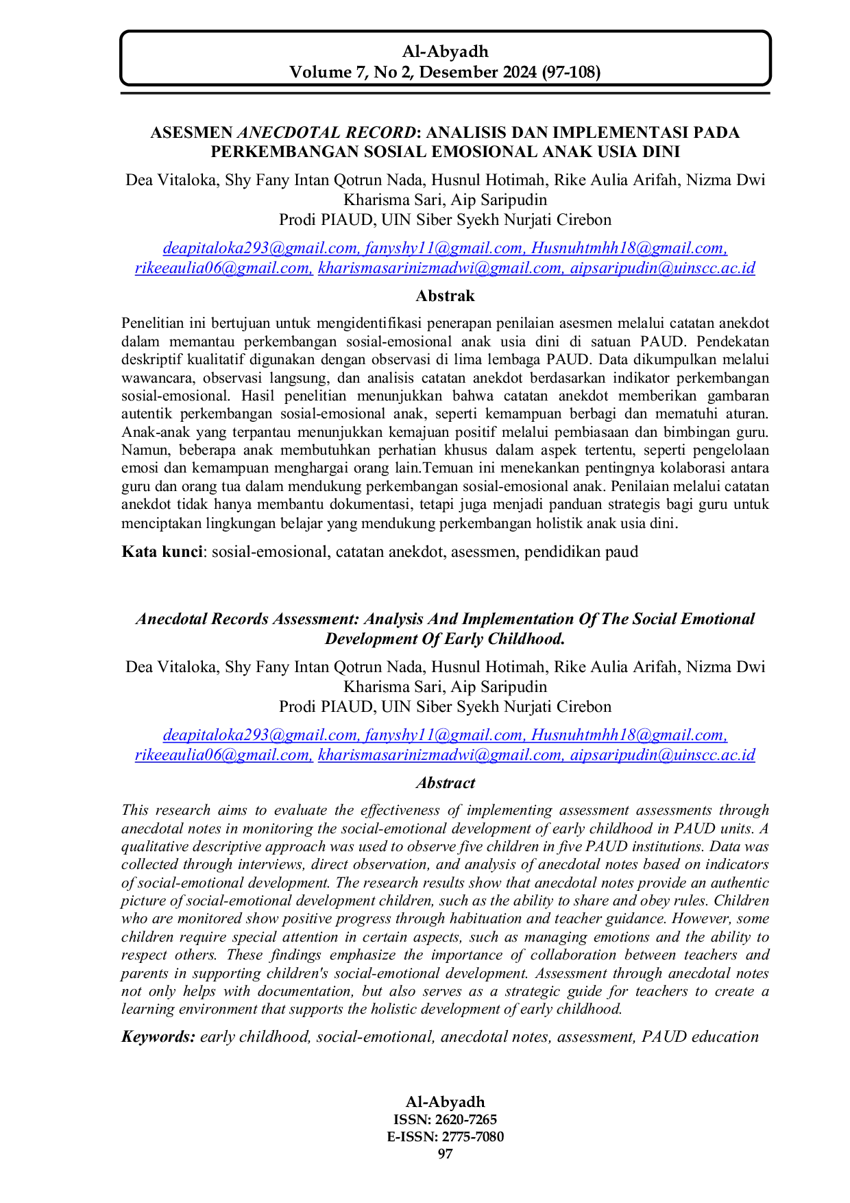 JURIS Asesmen Anecdotal Record Analisis dan Implementasi pada Perkembangan Sosial Emosional Anak Usia Dini