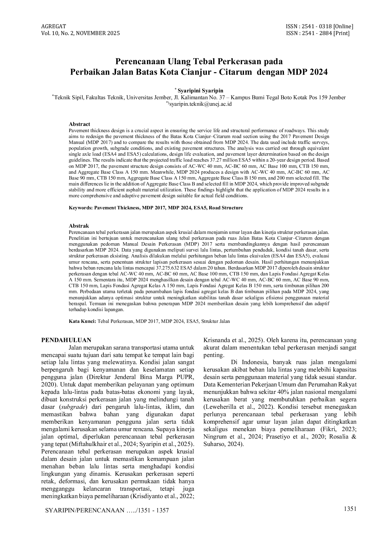 JURIS Perencanaan Ulang Tebal Perkerasan pada Perbaikan Jalan Batas Kota Cianjur Citarum dengan MDP 2024