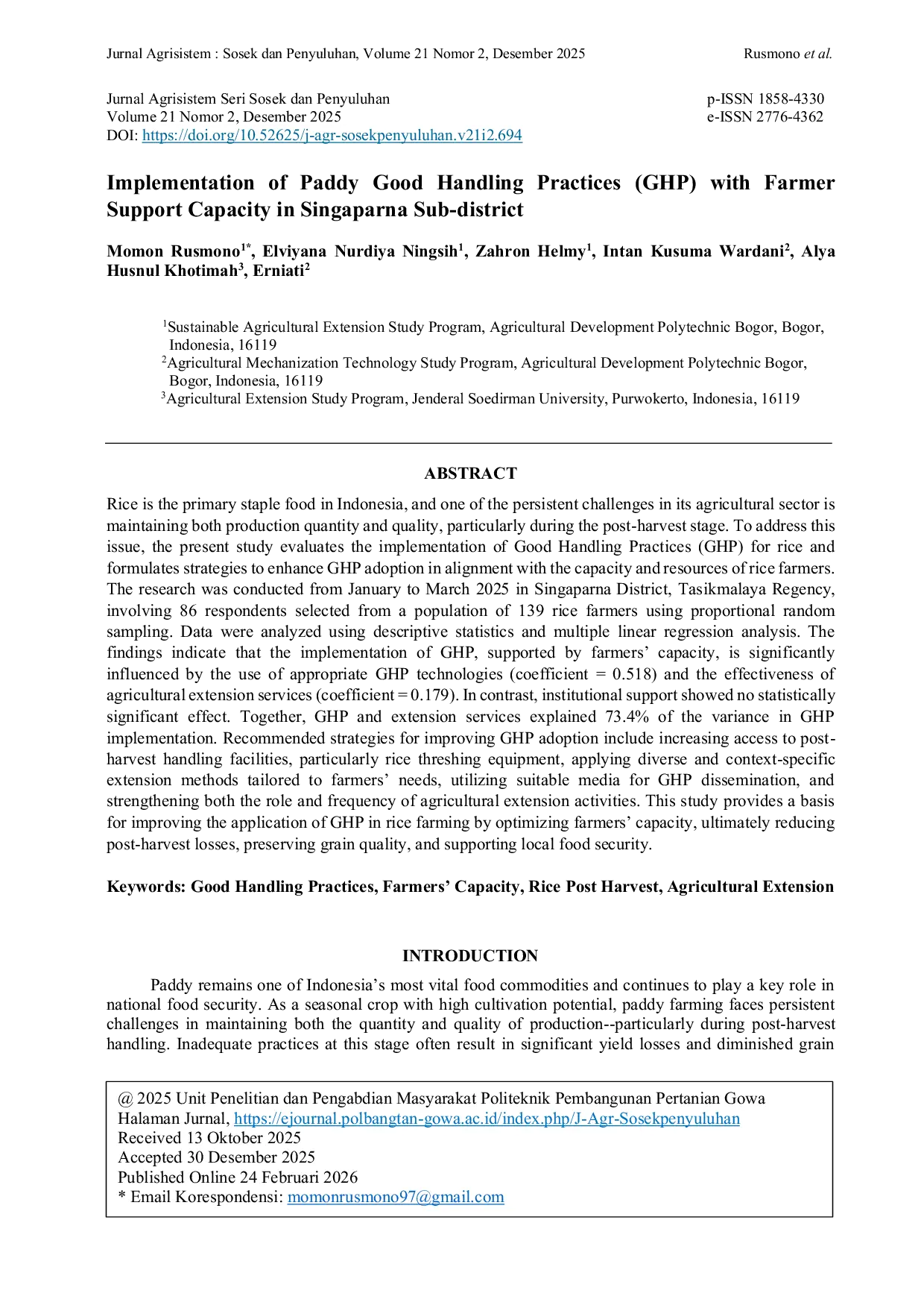 JURIS Implementation of Paddy GHP with Farmer Support Capacity in Singaparna Sub district