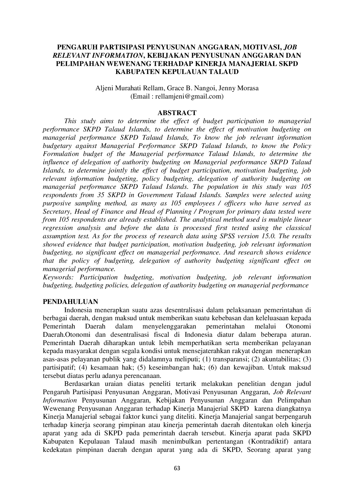 JURIS Pengaruh Partisipasi Penyusunan Anggaran Motivasi Job Relevant Information Kebijakan Penyusunan Anggaran Dan Pelimpahan Wewenang Terhadap Kinerja Manajerial SKPD Kabupaten Kepulauan Talaud