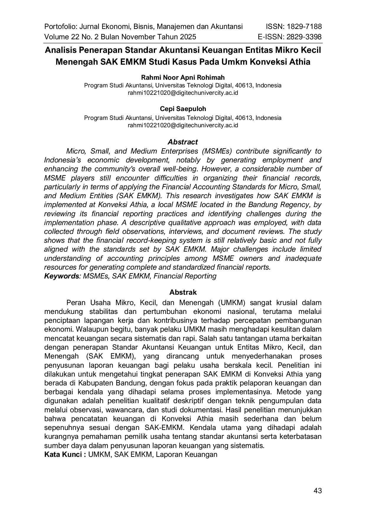 JURIS Analisis Penerapan Standar Akuntansi Keuangan Entitas Mikro Kecil Menengah Sak Emkm Studi Kasus Pada Umkm Konveksi Athia