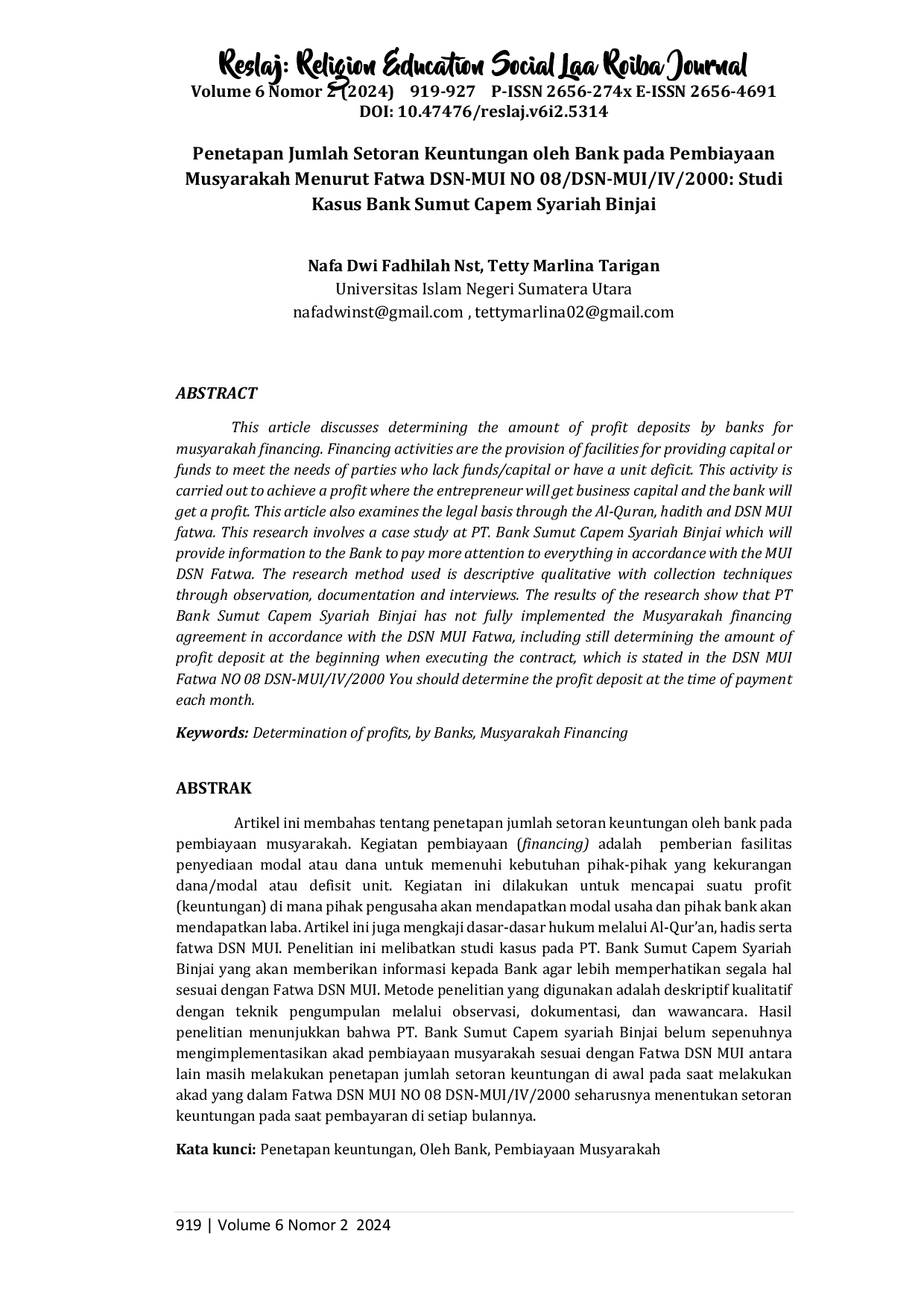 juris Penetapan Jumlah Setoran Keuntungan oleh Bank pada Pembiayaan Musyarakah Menurut Fatwa DSN MUI NO 08 DSN MUI IV 2000 Studi Kasus Bank Sumut Capem Syariah Binjai