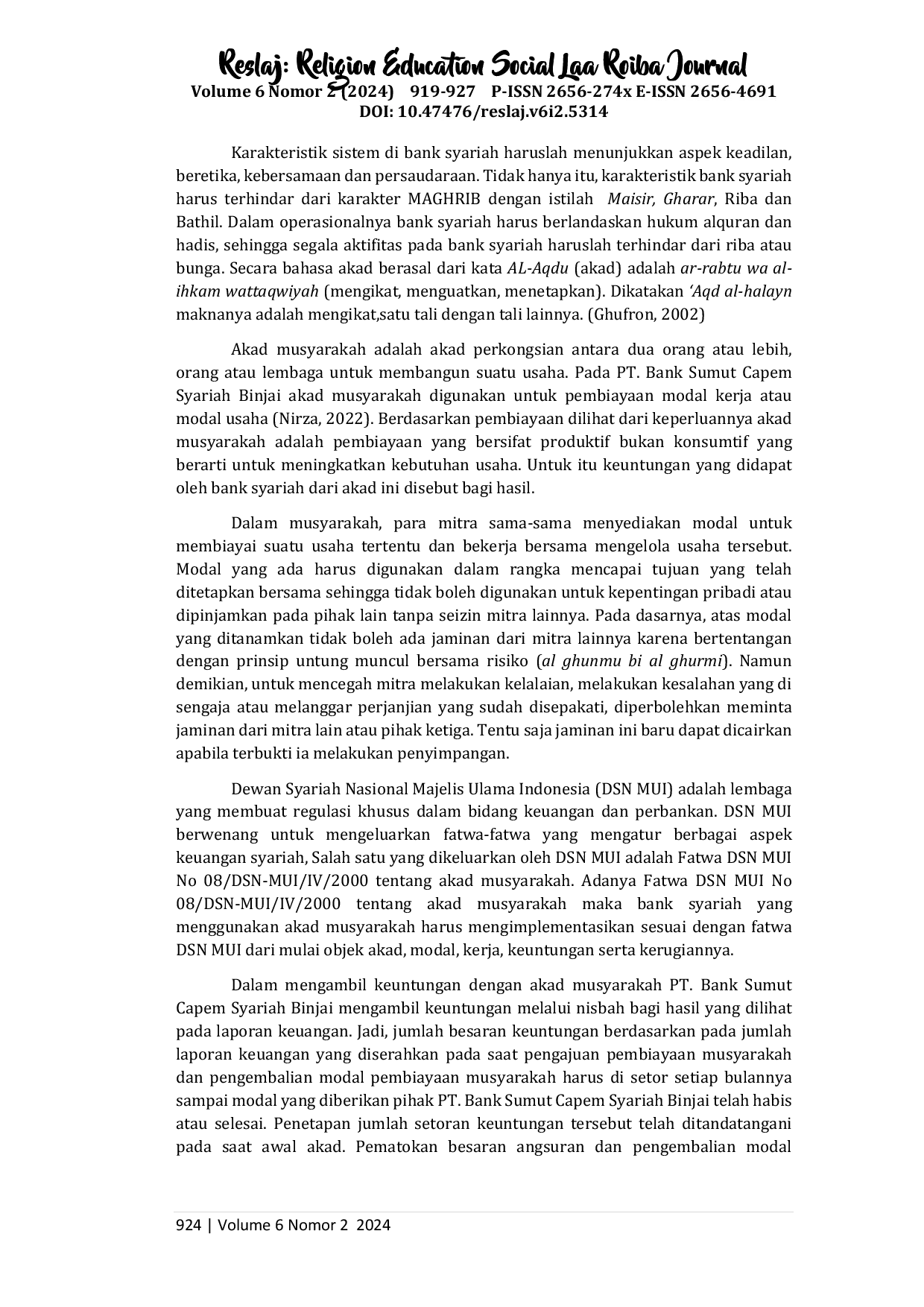 juris Penetapan Jumlah Setoran Keuntungan oleh Bank pada Pembiayaan Musyarakah Menurut Fatwa DSN MUI NO 08 DSN MUI IV 2000 Studi Kasus Bank Sumut Capem Syariah Binjai