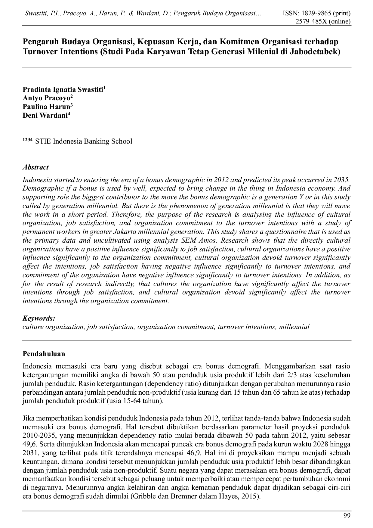 JURIS Pengaruh Budaya Organisasi Kepuasan Kerja dan Komitmen Organisasi Terhadap Turnover Intentions Studi Pada Karyawan Tetap Generasi Milenial di Jabodetabek