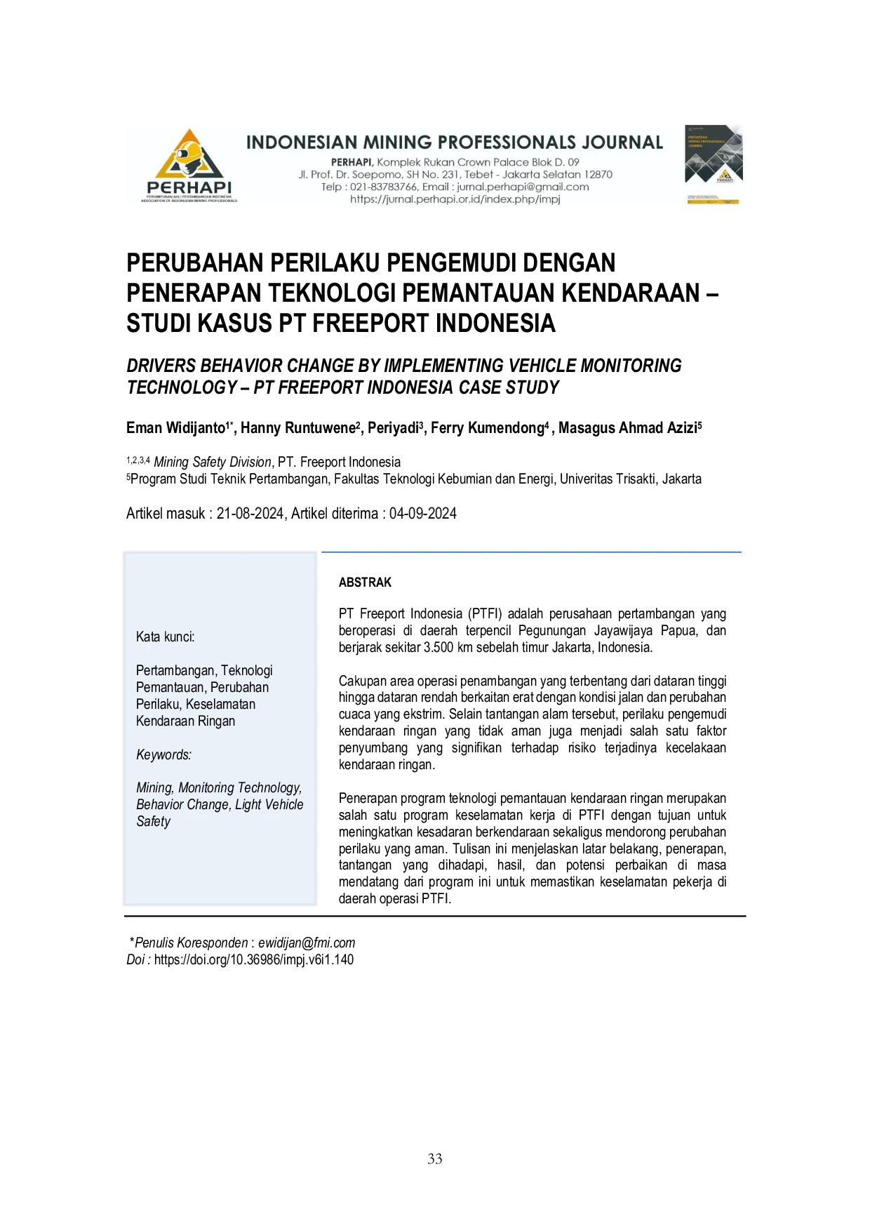 JURIS Perubahan Perilaku Pengemudi Dengan Penerapan Teknologi Pemantauan Kendaraan Studi Kasus PT Freeport Indonesia