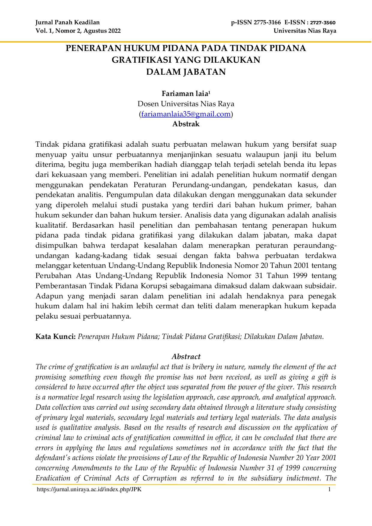JURIS Penerapan Hukum Pidana Pada Tindak Pidana Gratifikasi Yang Dilakukan Dalam Jabatan