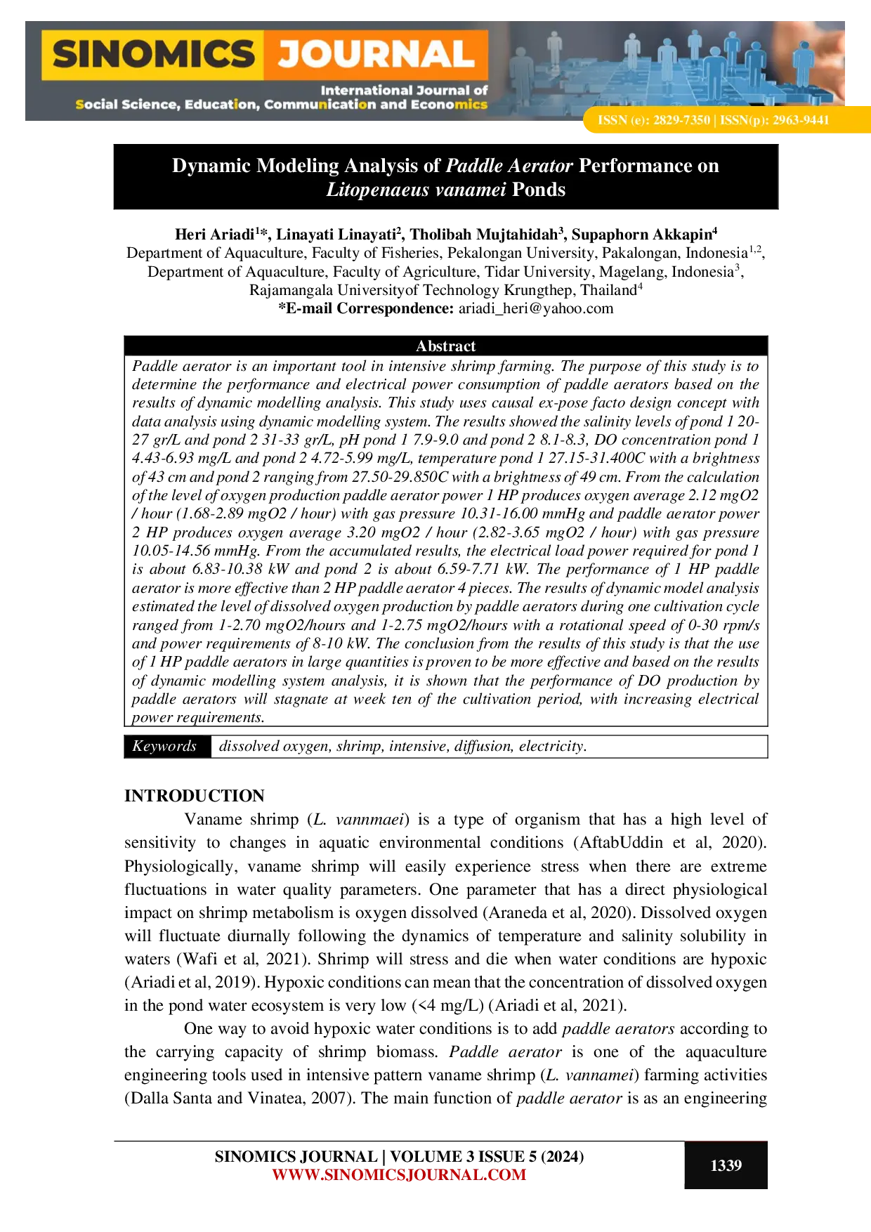 JURIS Dynamic Modeling Analysis of Paddle Aerator Performance on Litopenaeus vanamei Ponds