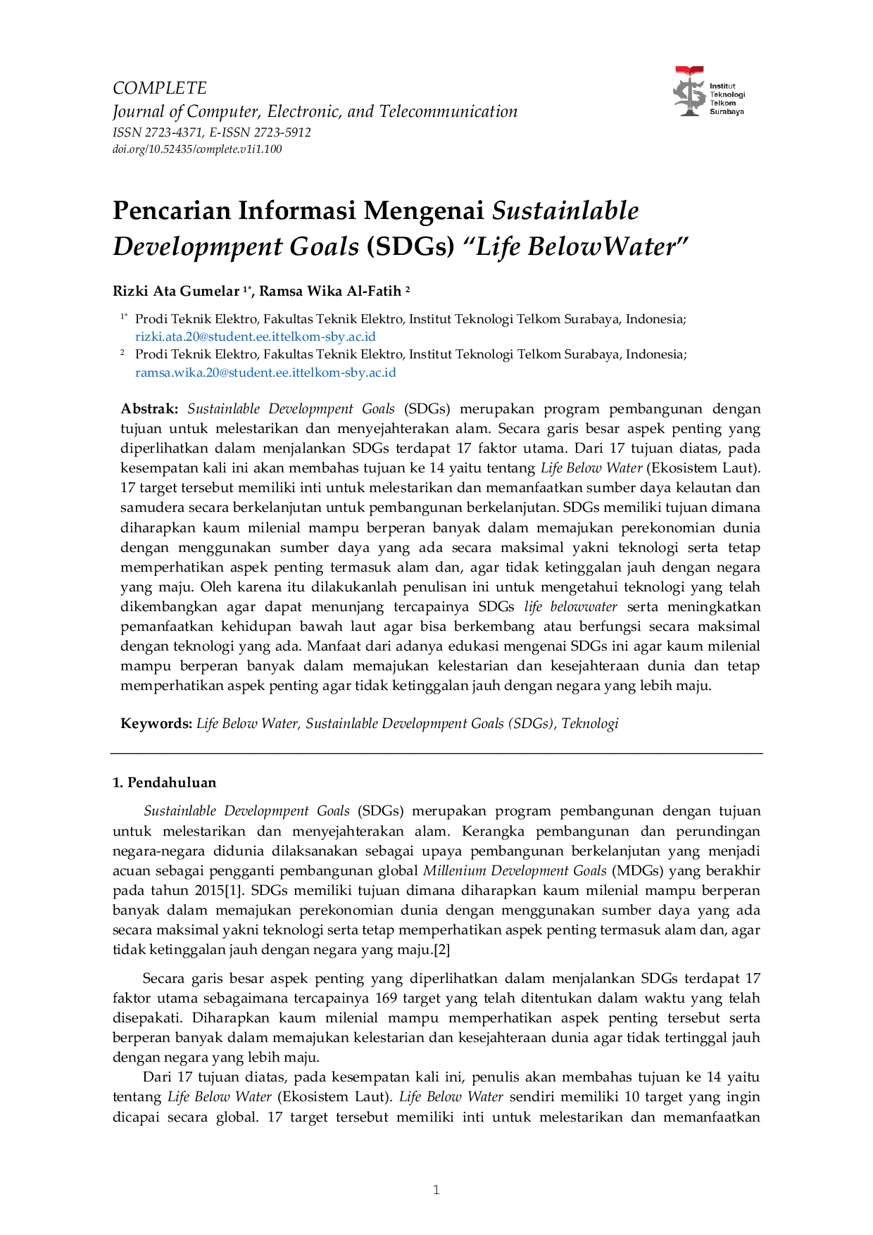 JURIS Pencarian Informasi Mengenai Sustainlable Development Goals Life Bellow Water