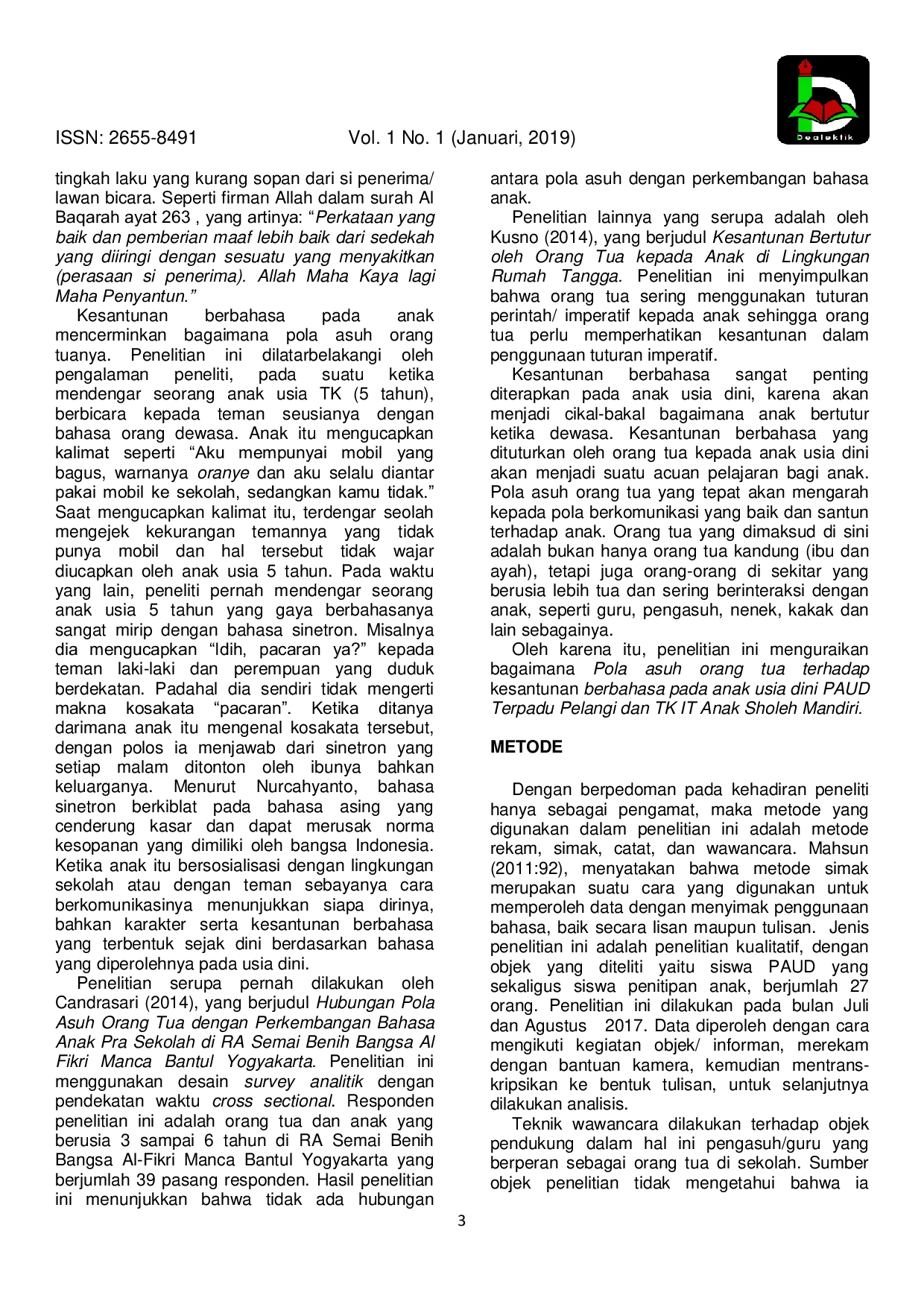 JURIS Pola Asuh Orang Tua Terhadap Kesantunan Berbahasa Anak Usia Dini Kajian Pragmatik