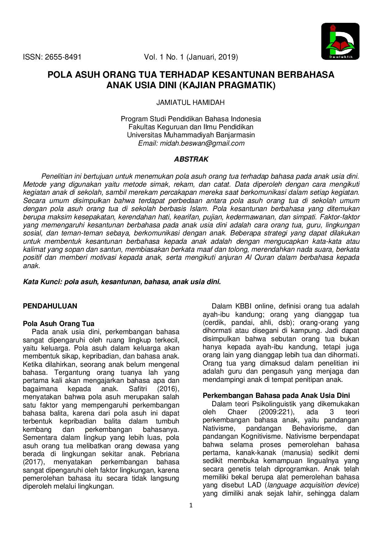 JURIS Pola Asuh Orang Tua Terhadap Kesantunan Berbahasa Anak Usia Dini Kajian Pragmatik