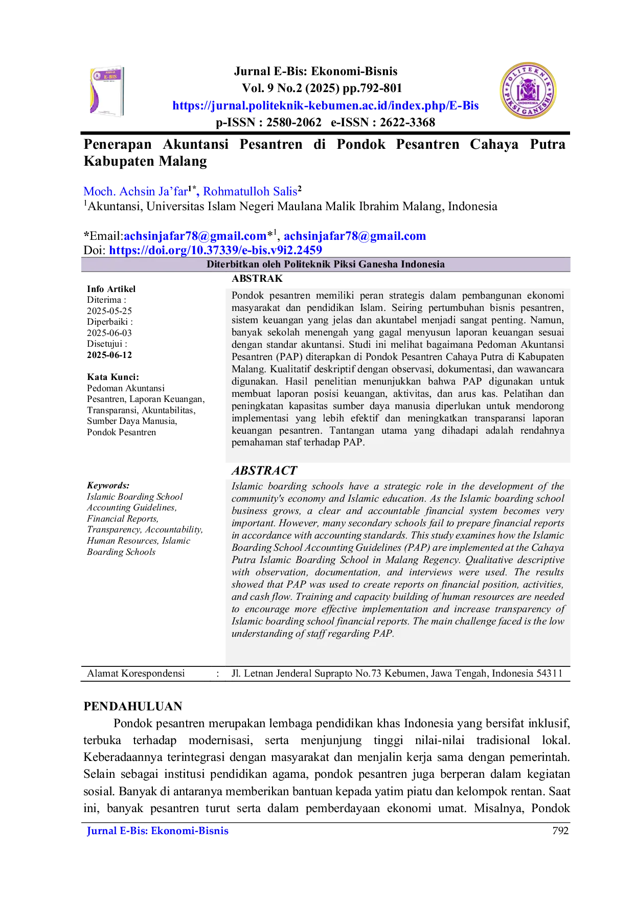 JURIS Penerapan Akuntansi Pesantren Di Pondok Pesantren Cahaya Putra Kabupaten Malang
