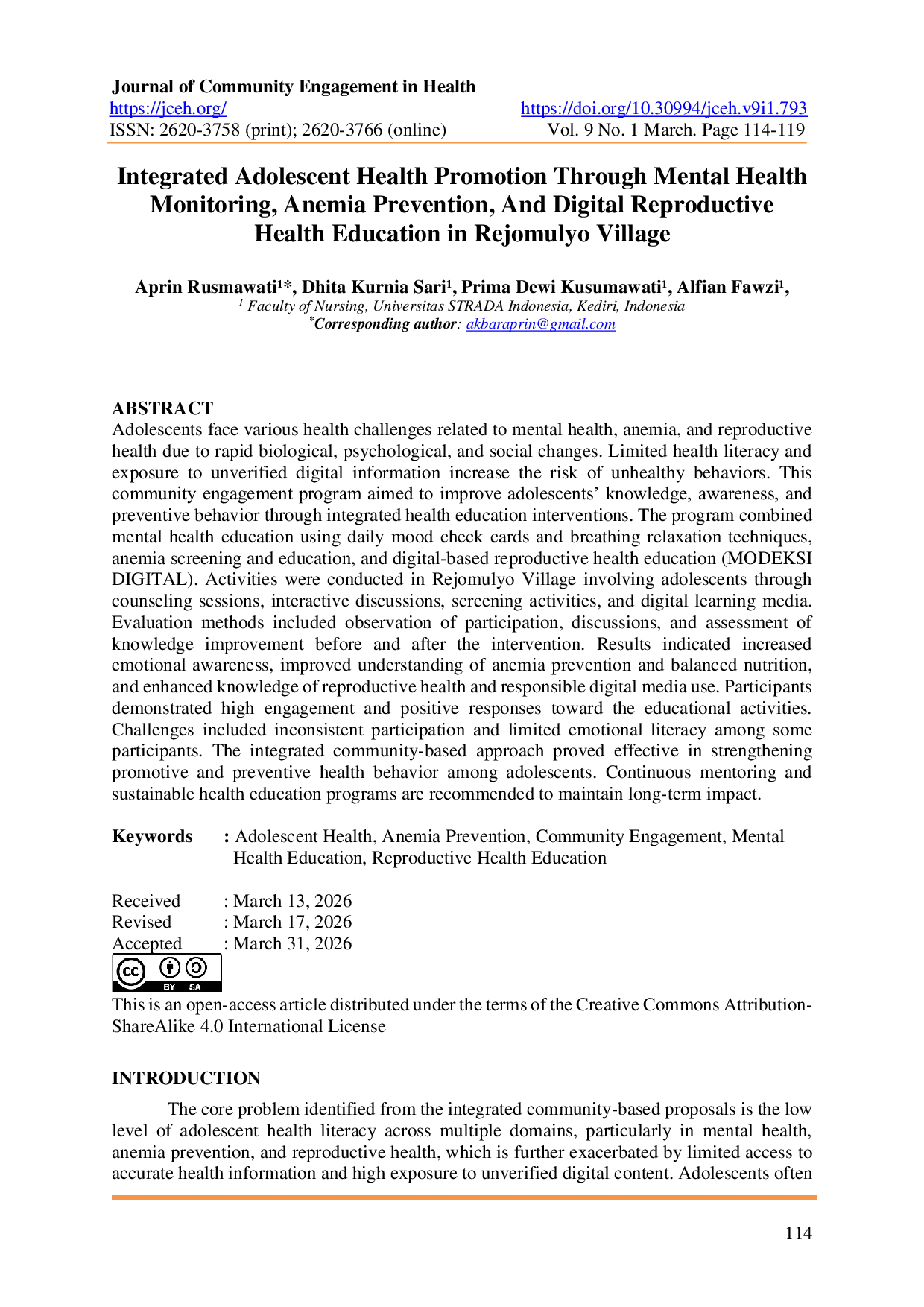 JURIS Integrated Adolescent Health Promotion Through Mental Health Monitoring Anemia Prevention And Digital Reproductive Health Education in Rejomulyo Village