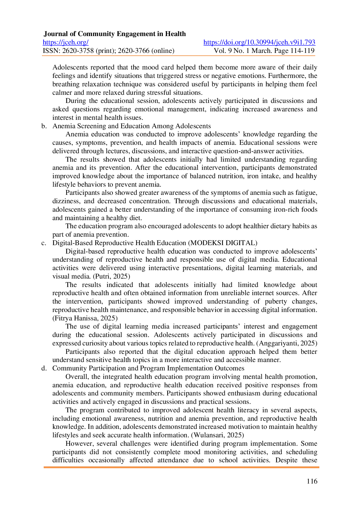 JURIS Integrated Adolescent Health Promotion Through Mental Health Monitoring Anemia Prevention And Digital Reproductive Health Education in Rejomulyo Village