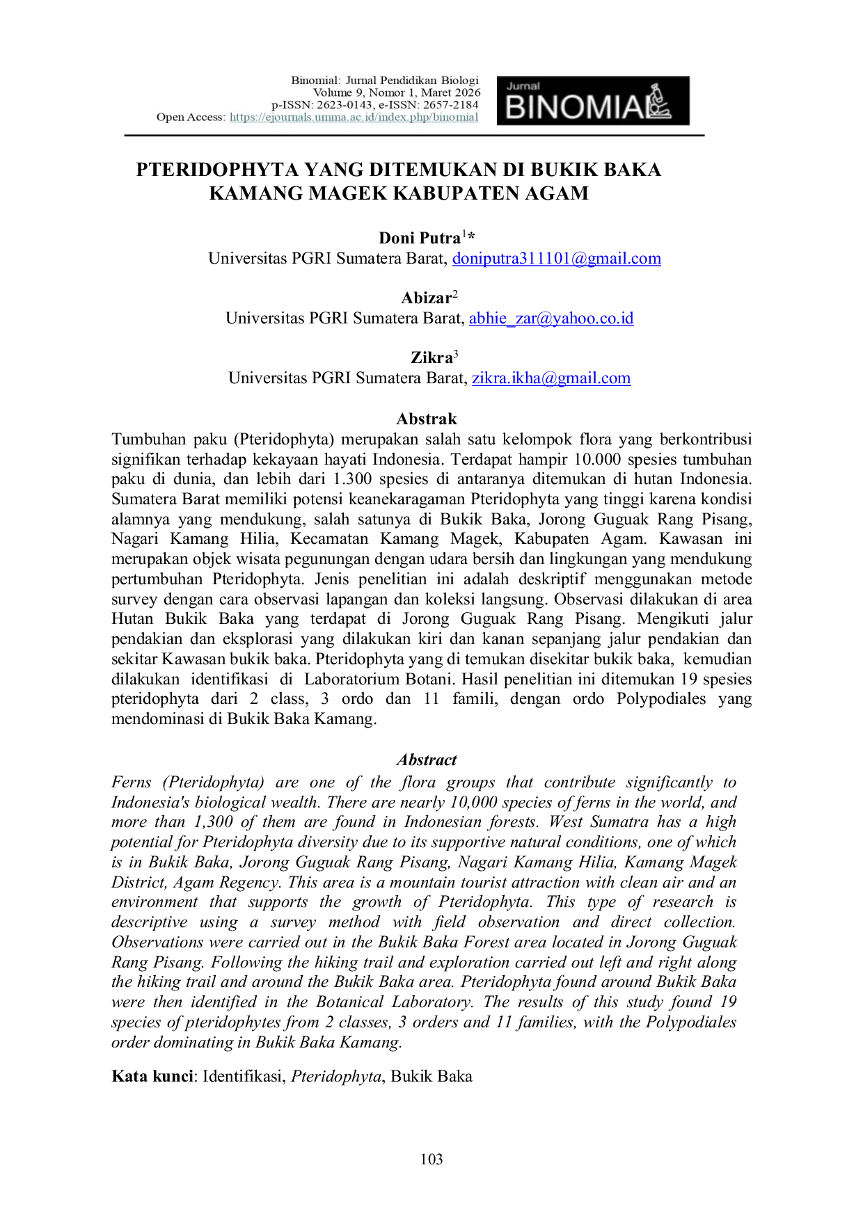 JURIS Pteridophyta Yang Ditemukan Di Bukik Baka Kamang Magek Kabupaten Agam