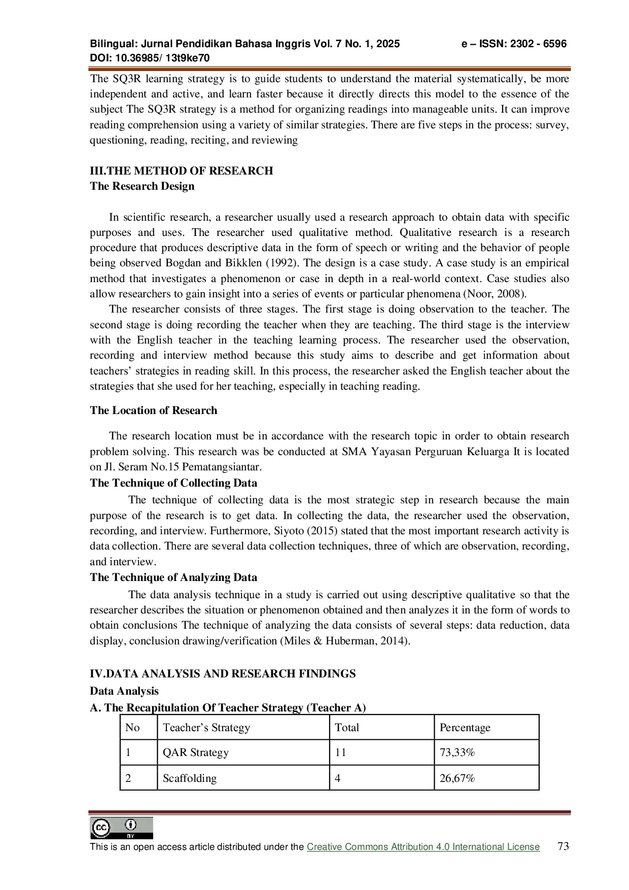 JURIS Teachers Learning Strategies in Teaching Reading Skill at The Eleventh Grade of SMA Yayasan Perguruan Keluarga
