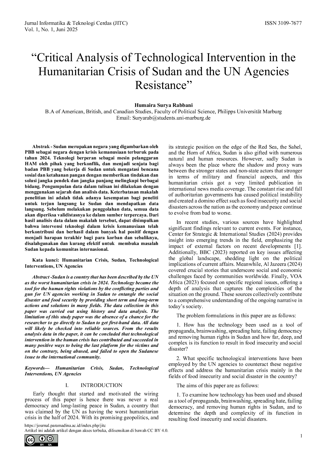JURIS Critical Analysis of Technological Intervention in the Humanitarian Crisis of Sudan and the UN Agencies Resistance