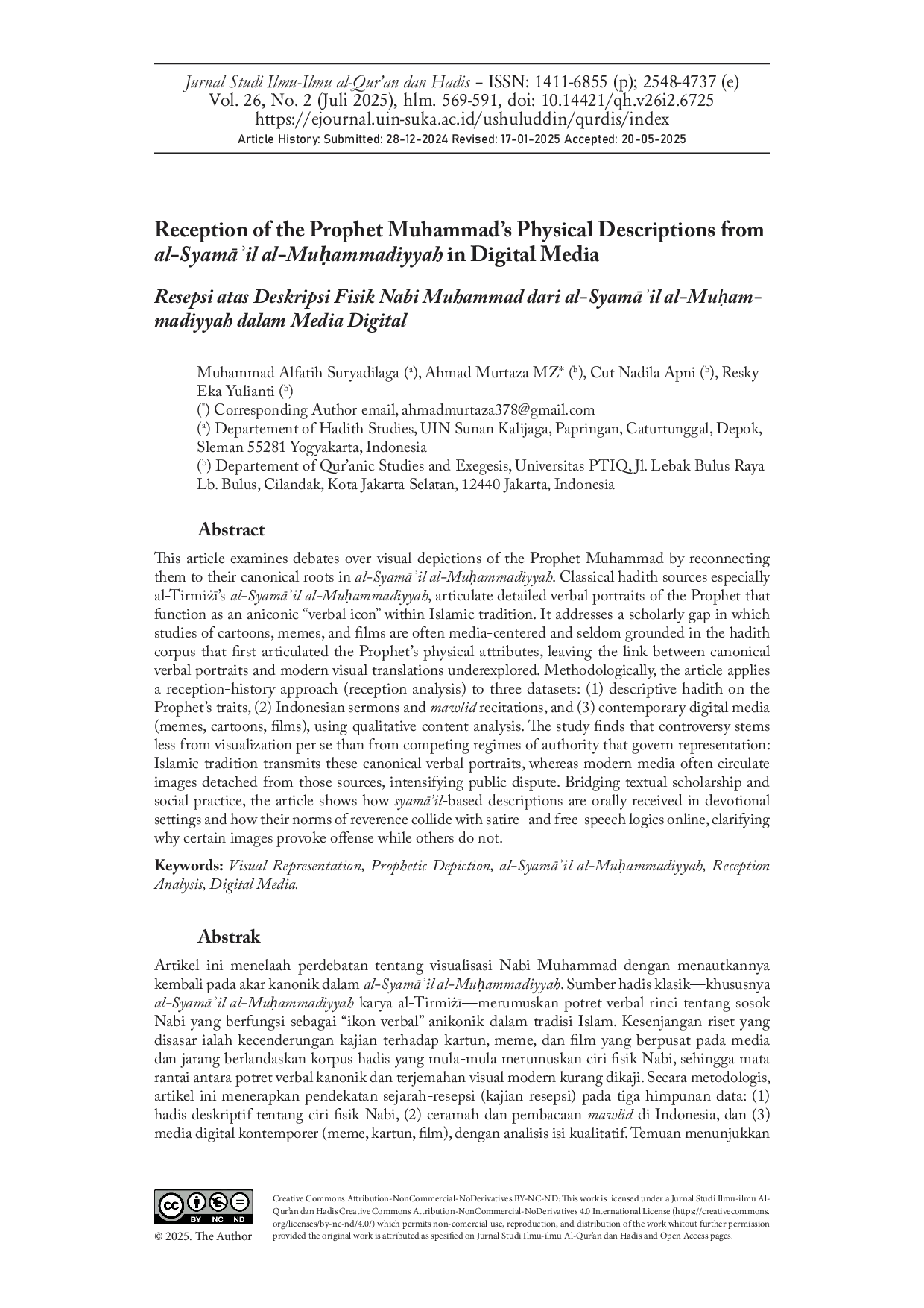 JURIS Reception of the Prophet Muhammad s Physical Descriptions from al SyamAil al Muuammadiyyah in Digital Media