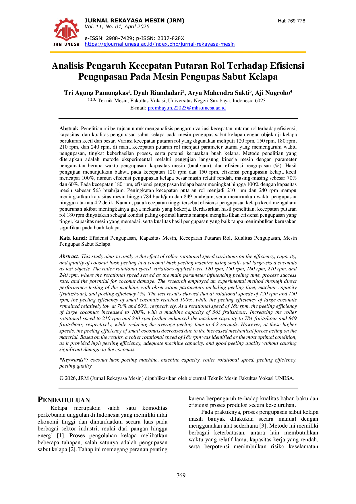 JURIS Analisis Pengaruh Kecepatan Putaran Rol Terhadap Efisiensi Pengupasan Pada Mesin Pengupas Sabut Kelapa