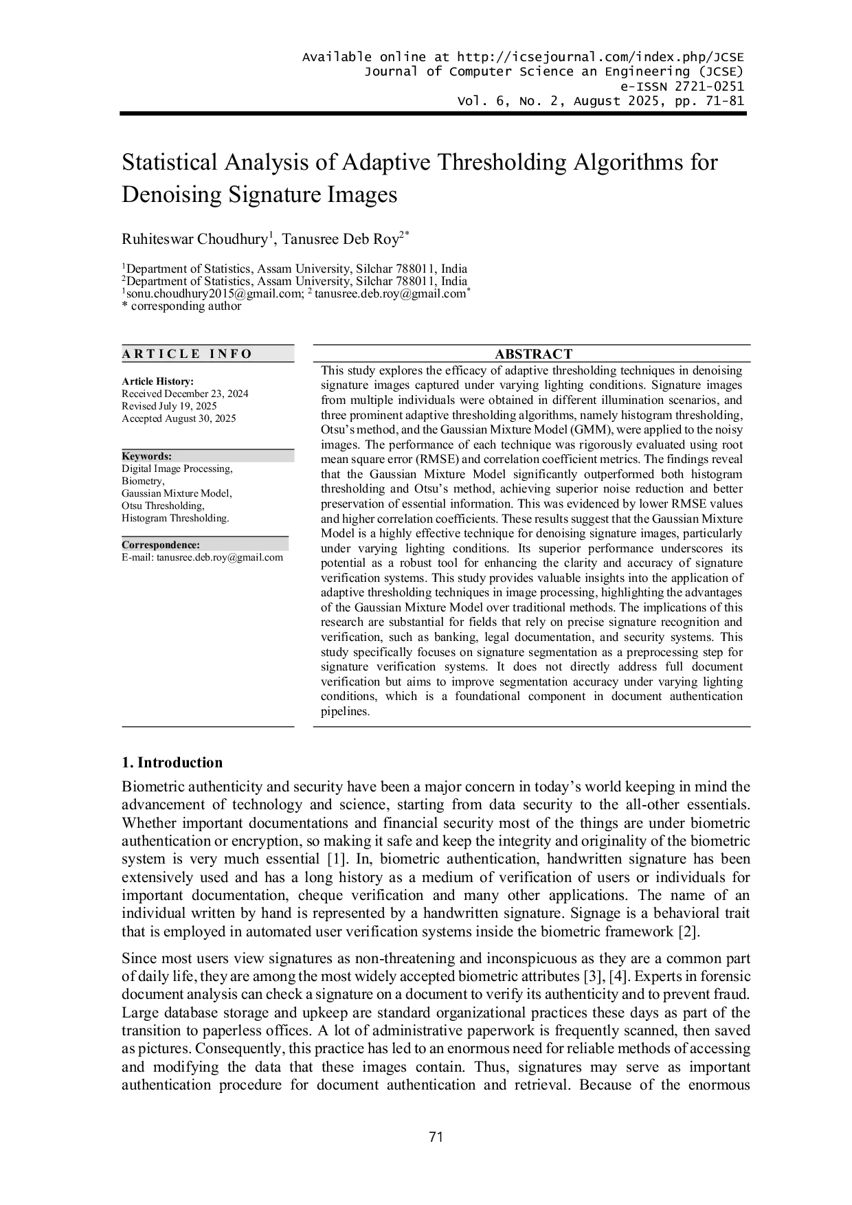JURIS Statistical Analysis of Adaptive Thresholding Algorithms for Denoising Signature Images