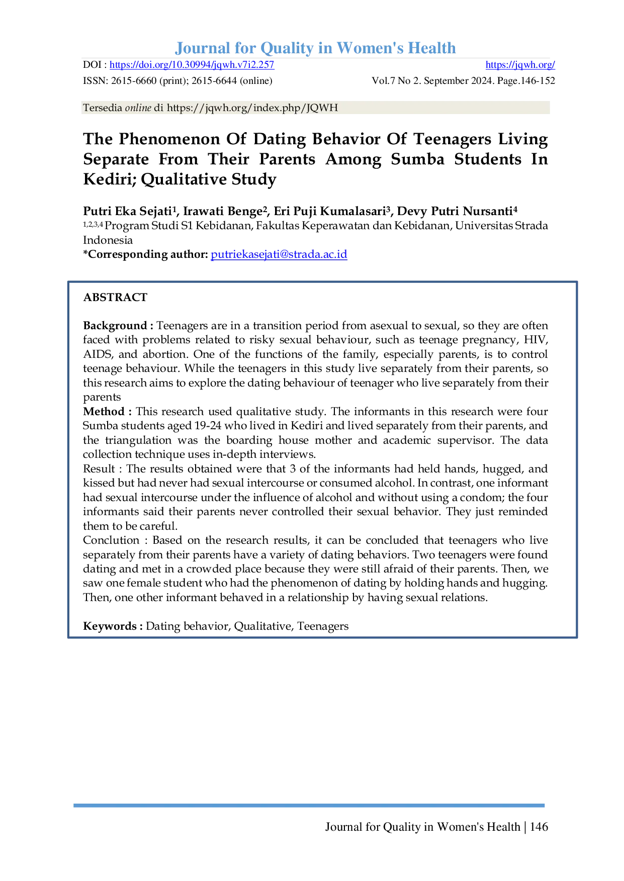 JURIS The Phenomenon Of Dating Behavior Of Teenagers Living Separate From Their Parents Among Sumba Students In Kediri Qualitative Study
