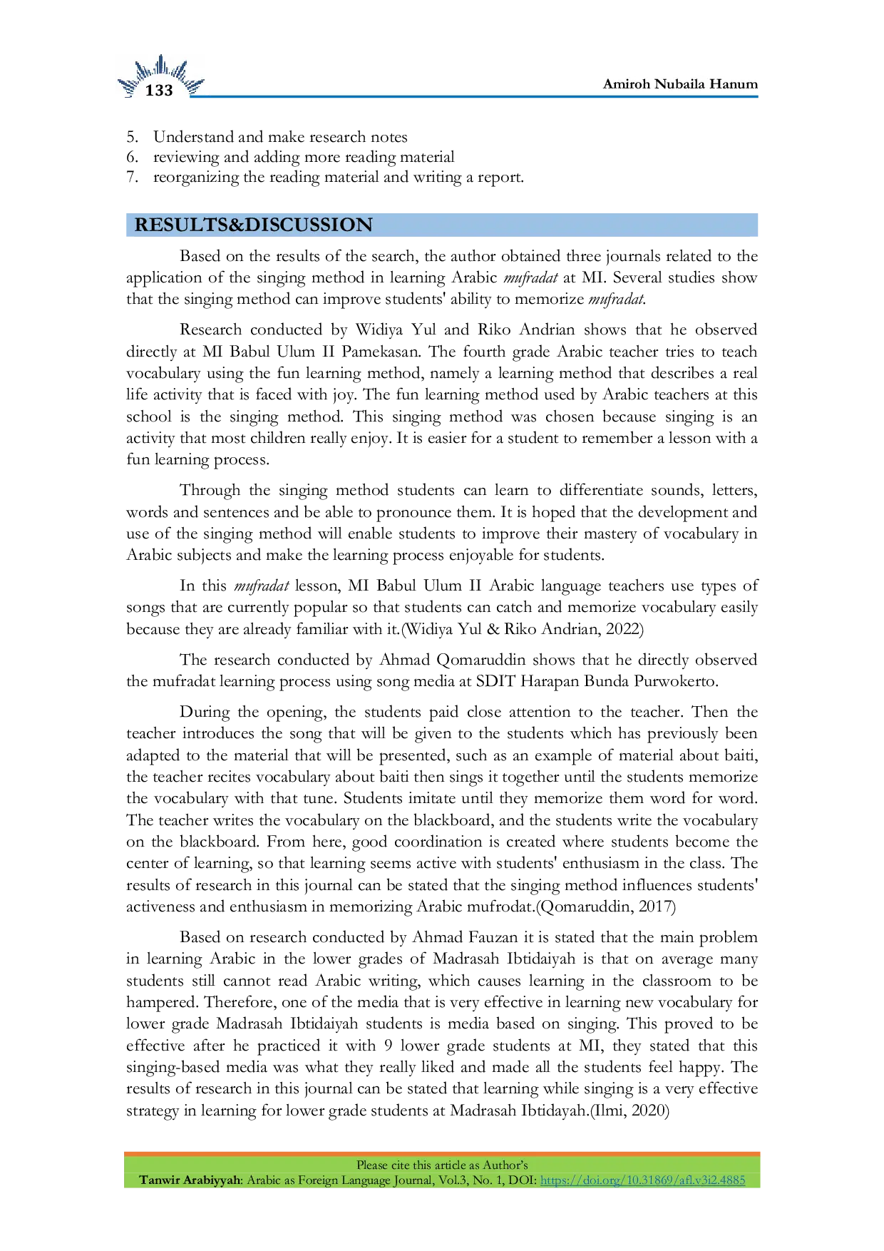 JURIS Application Of Singing Methods To Improve Vocabulary Mastery In Learning Arabic Language At Madrasah Ibtida iyah
