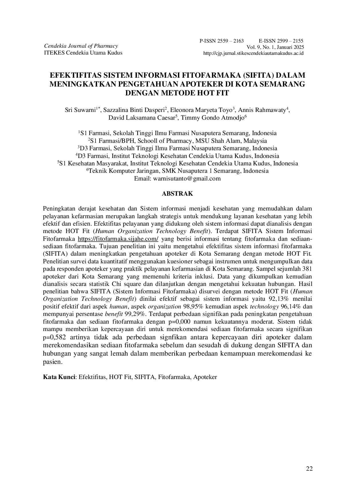 JURIS Efektivitas Sistem Informasi Fitofarmaka SIFITA Dalam Meningkatkan Pengetahuan Apoteker di Kota Semarang dengan Metode HOT FIT