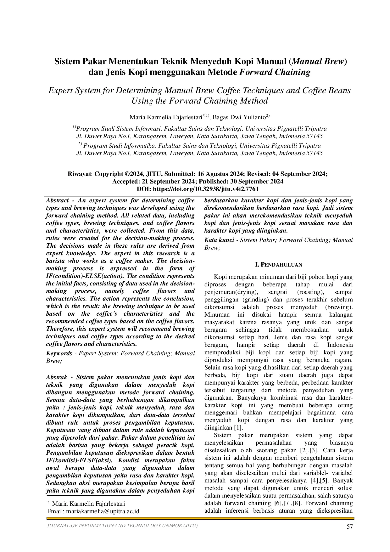 JURIS The Expert System for Determining Manual Brew Coffee Techniques and Coffee Beans Using the Forward Chaining Method