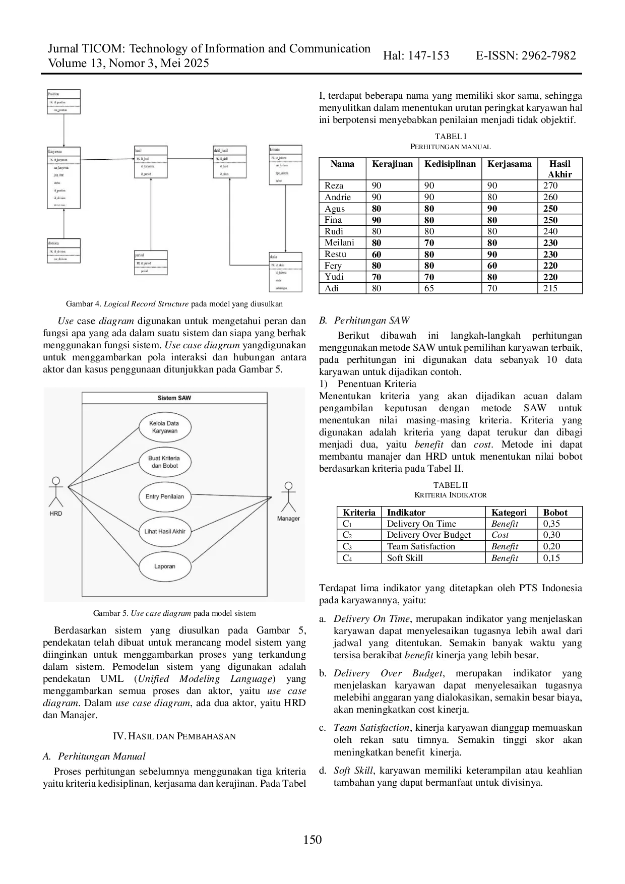 JURIS Sistem Penunjang Keputusan Penentuan Karyawan Terbaik Menggunakan Metode Simple Additive Weigthing SAW pada PTS Indonesia