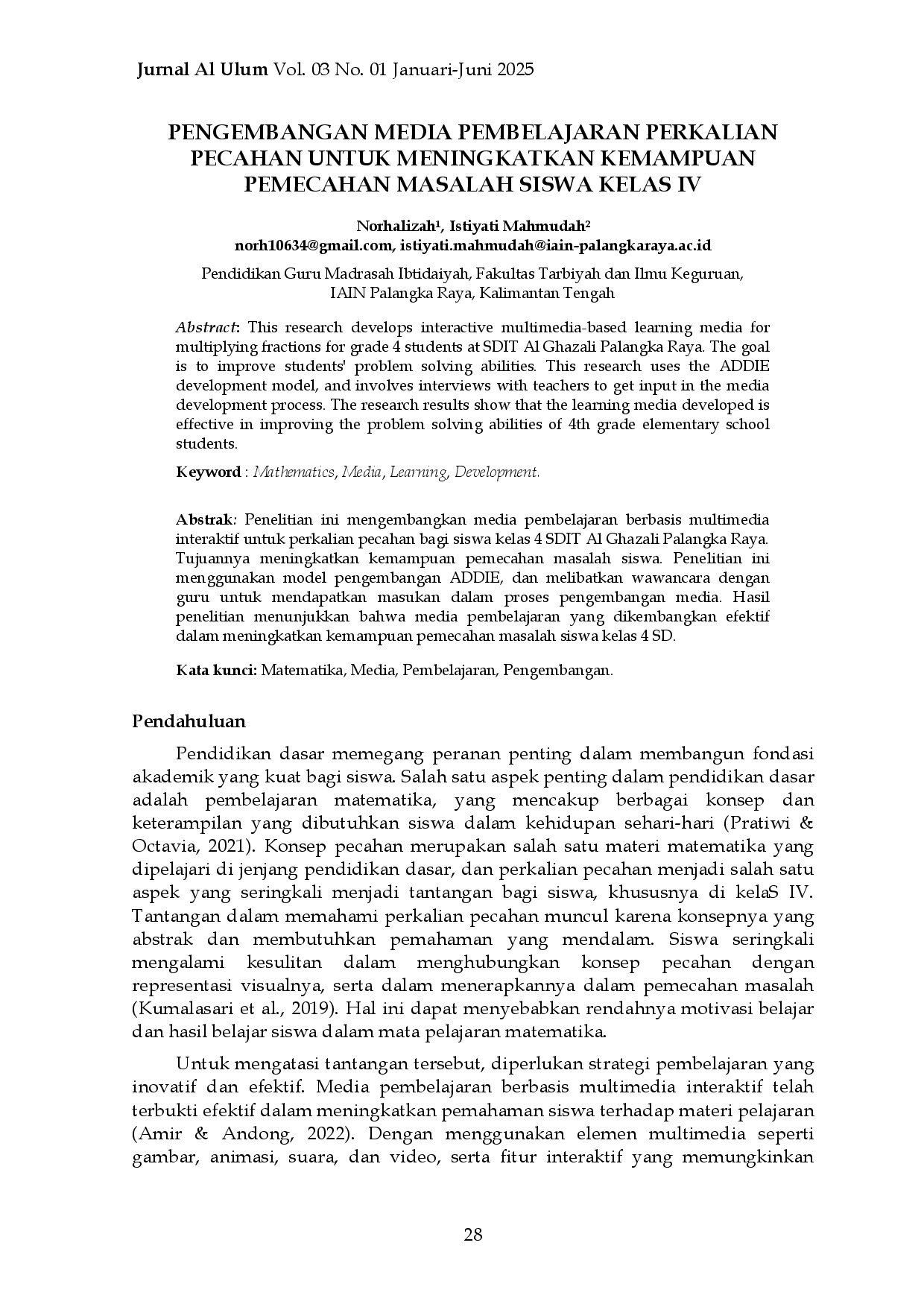 JURIS PENGEMBANGAN MEDIA PEMBELAJARAN PERKALIAN PECAHAN UNTUK MENINGKATKAN KEMAMPUAN PEMECAHAN MASALAH SISWA KELAS IV Matematika Media Pembelajaran Pengembangan