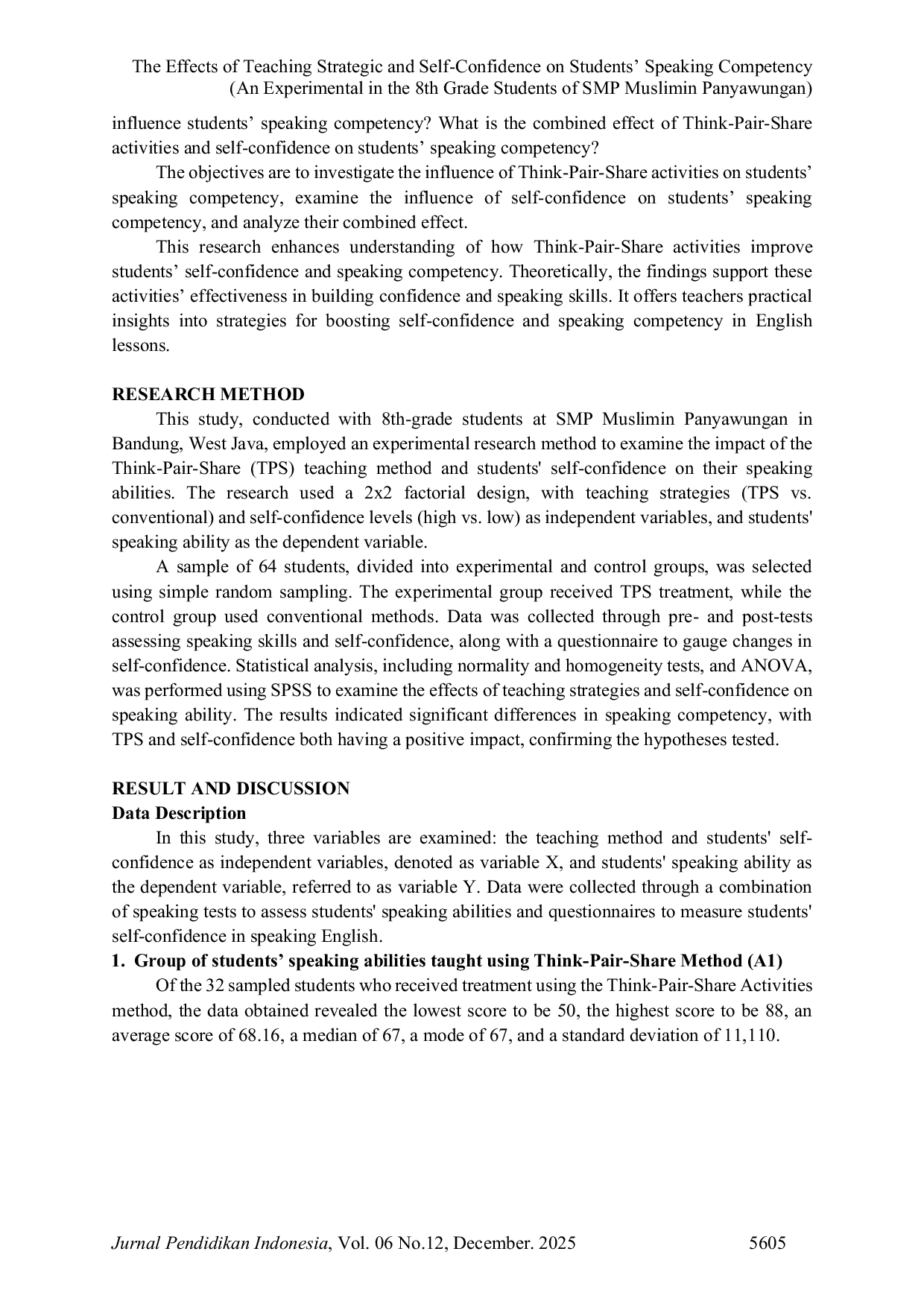 JURIS The Effects of Teaching Strategic and Self Confidence on Students Speaking Competency An Experimental in the 8th Grade Students of SMP Muslimin Panyawungan