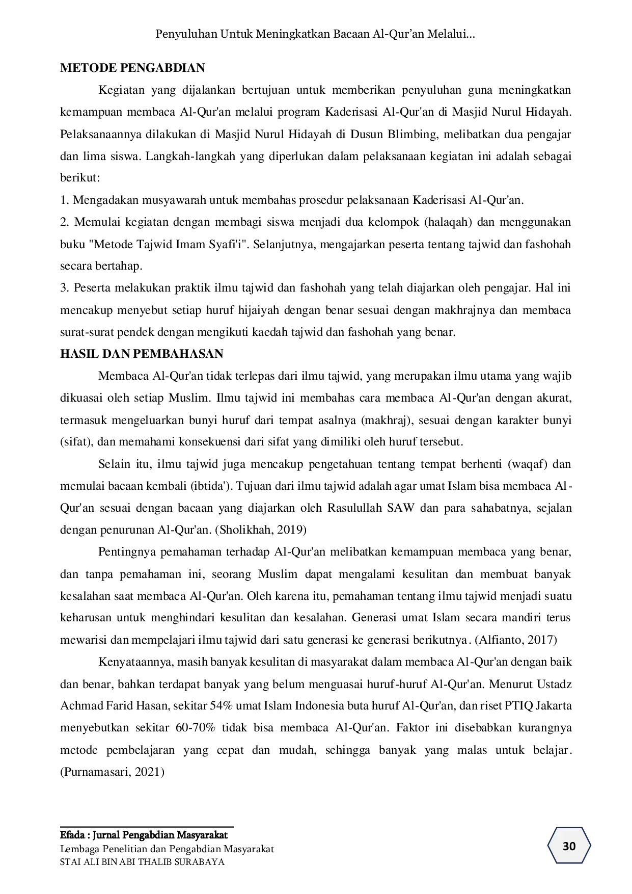 JURIS Penyuluhan untuk Meningkatkan Bacaan Al Qur an Melalui Program Kaderisasi Al Qur an di Masjid Nurul Hidayah