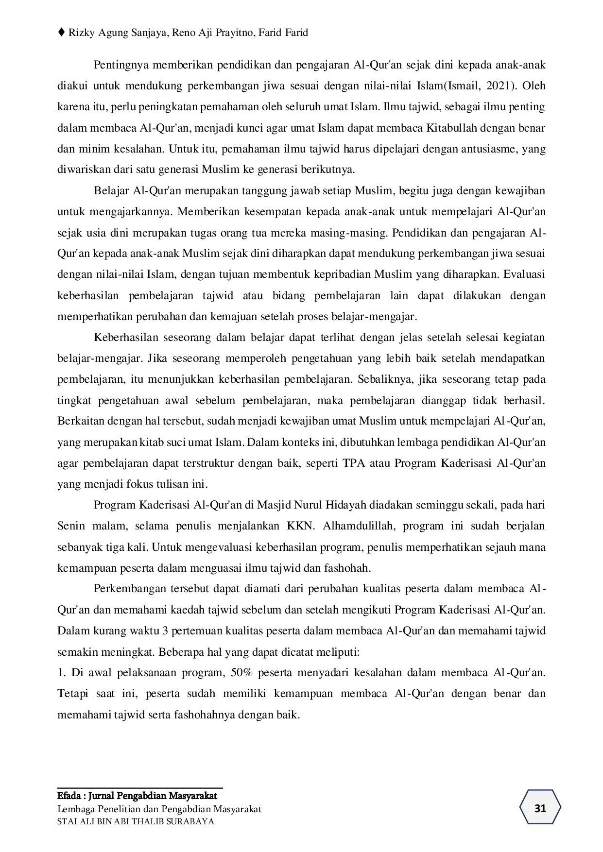 JURIS Penyuluhan untuk Meningkatkan Bacaan Al Qur an Melalui Program Kaderisasi Al Qur an di Masjid Nurul Hidayah