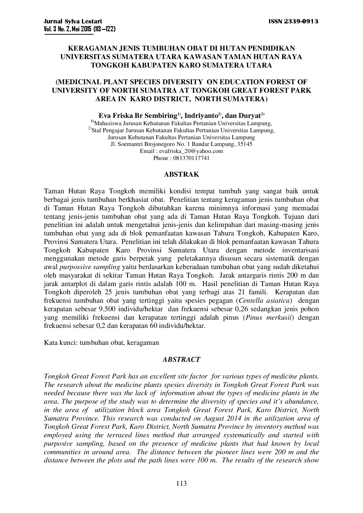 juris Keragaman Jenis Tumbuhan Obat Di Hutan Pendidikan Universitas Sumatera Utara Kawasan Taman Hutan Raya Tongkoh Kabupaten Karo Sumatera Utara